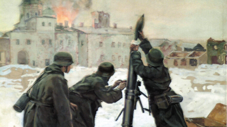 In this painting by German war artist R. Hanzl, a Spanish mortar crew, equipped and uniformed by the Germans, fires on a Russian town.