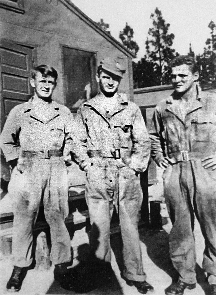 Young recruits Warren “Skip” Muck, Joe Toye, and Don Malarkey at Camp MacKall, North Carolina. Malarkey quickly befriended Muck and later struggled with Muck’s death.