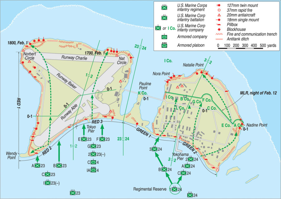 The islands of Roi and Namur are conjoined by a sandspit and causeway that runs the width of a lagoon between the two shores. On February 1, 1944, Marines of the 23rd Regiment hit the beaches and began the arduous task of clearing the island of defending Japanese troops.