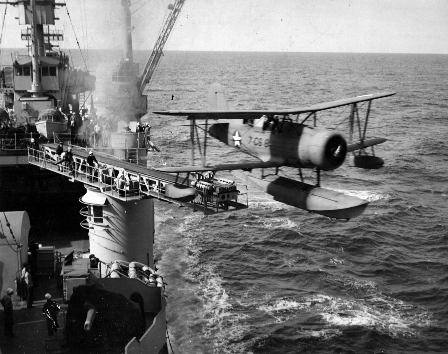 A Curtiss SOC-3 Seagull careens from the catapult aboard the heavy cruiser USS New Orleans in 1943. The Seagull was replaced by the Vought OS2U Kingfisher as the war progressed.