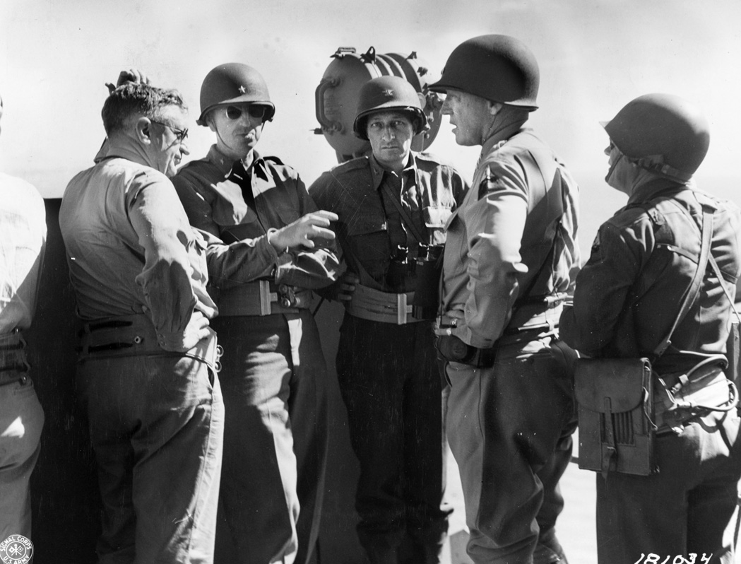 During the Allied landings off the coast of Gela, Sicily, both Admiral H. Kent Hewitt, left, and General George S. Patton, Jr., right, were frustrated by the lack of U.S. Air Force fighter protection.