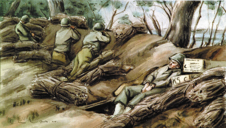 As Allied troops attempt to slowly break out of the hedgerow country of France, several maintain watch over a defensive position, while another catches a few winks of sleep. Painting by Olin Davis.