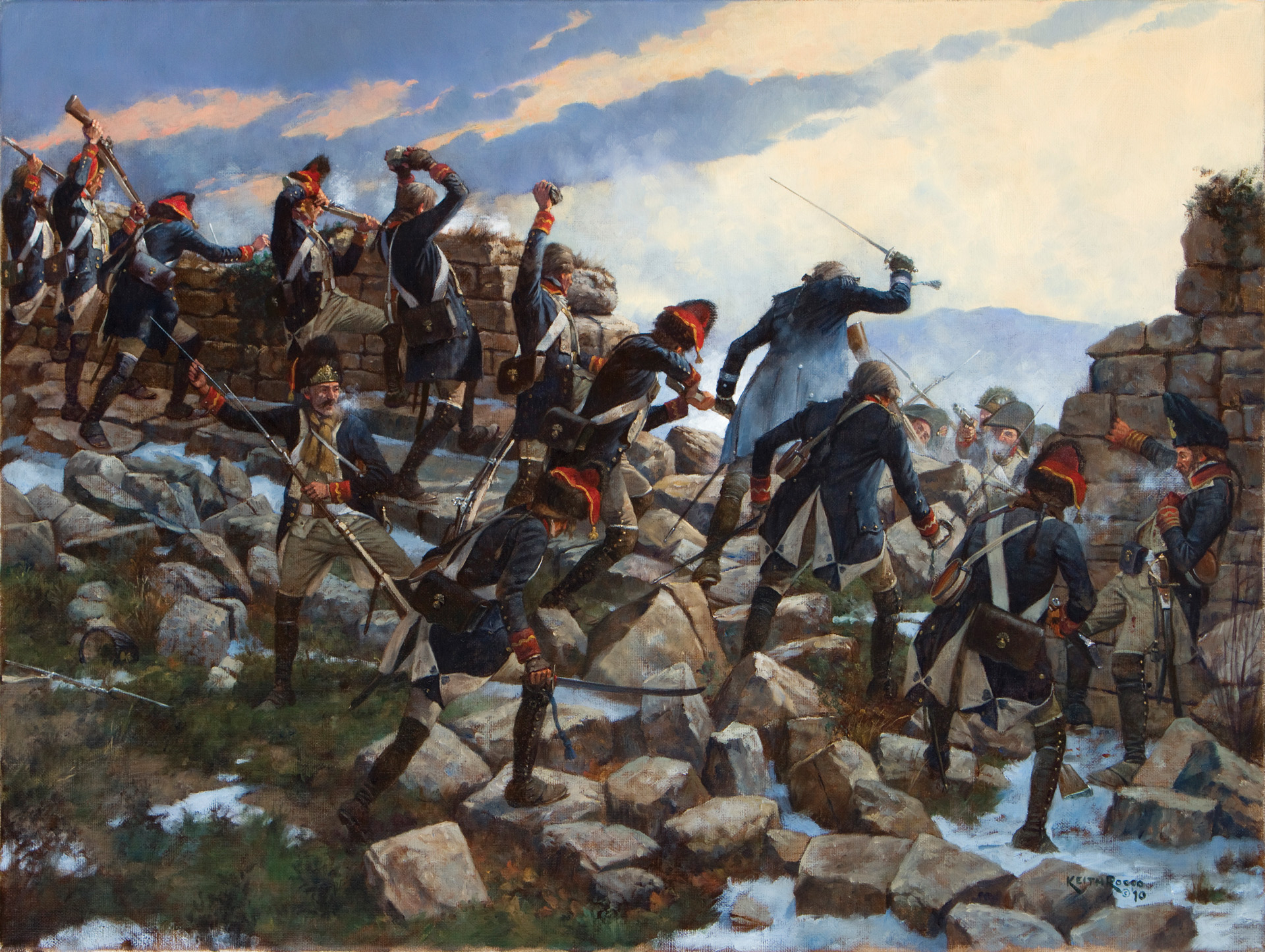 A Sardinian battalion of elite grenadiers held off three separate attacks by French General Pierre Augereau’s division on their position in the ruins of a medieval castle at Cosseria on April 13, 1796. When the grenadiers ran low on ammunition, they hurled rocks at the French.