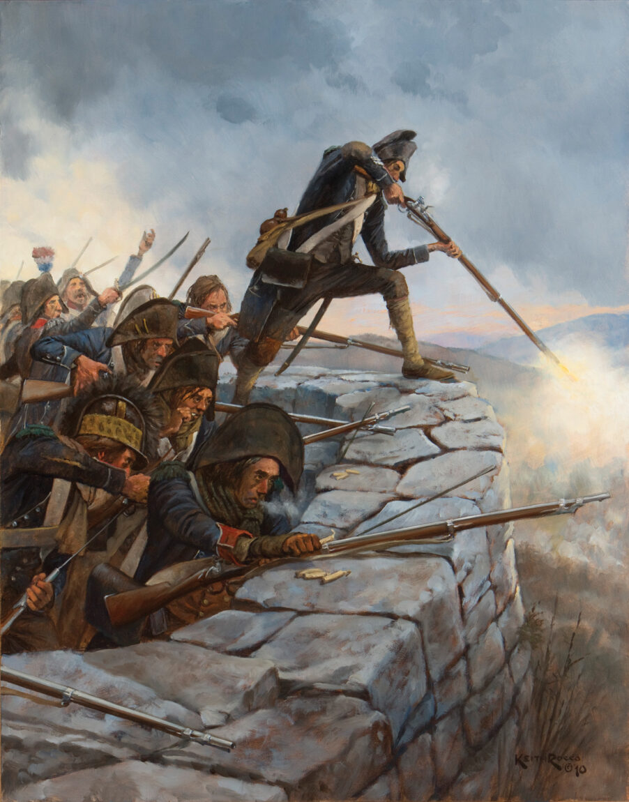 During intense fighting on April 11, 1796, at the mountaintop redoubt of Monte Negino, French Corporal Rouach climbed onto a parapet shouting, “Cowards! I’ll show you how a good soldier should die!” This rallied the wavering French troops in the face of a determined Austrian assault.