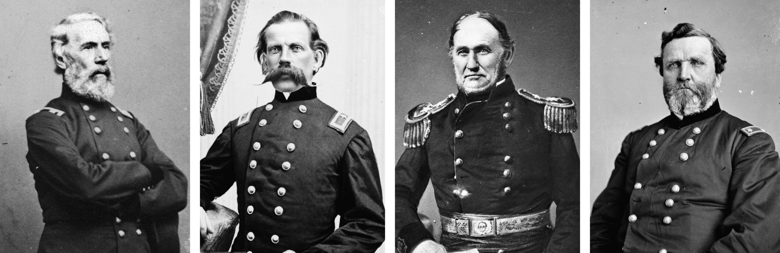 Future generals who served in western cavalry units before the war included, left to right, Edwin V. Sumner, Richard W. Johnson, David C. Twiggs, and George H. Thomas. Twiggs was the lone Confederate.