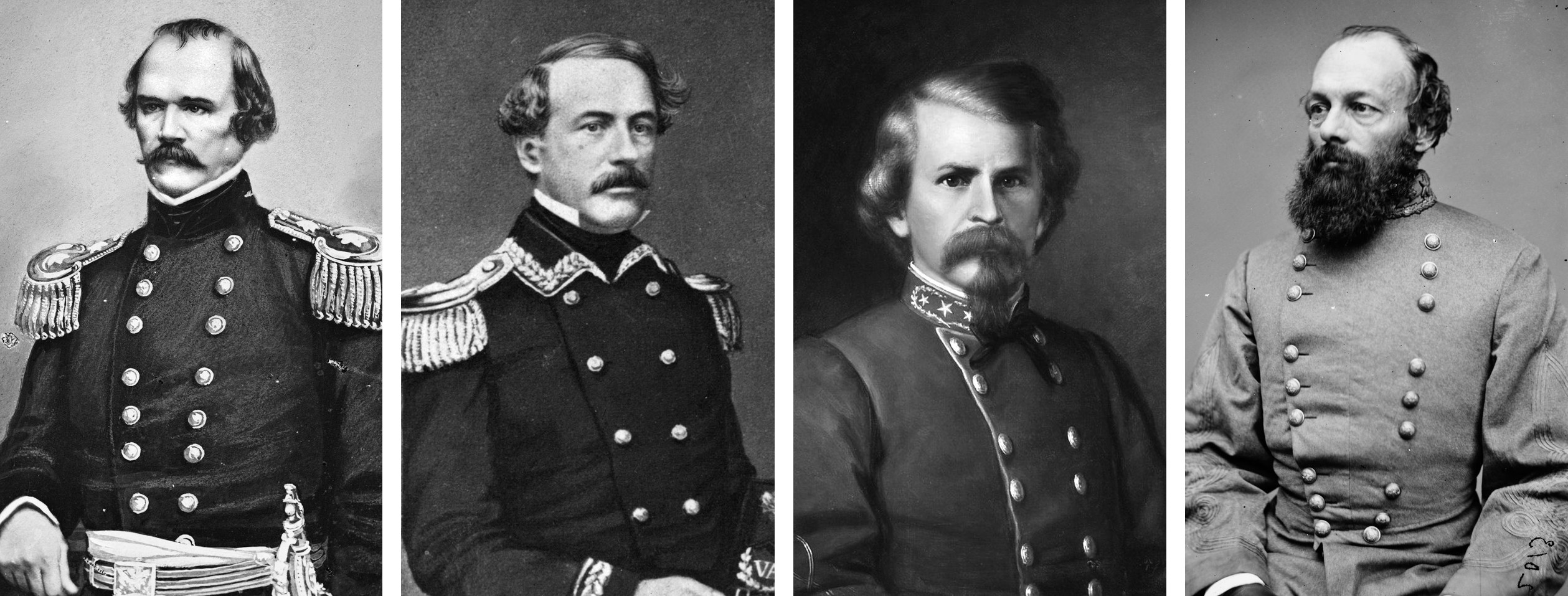Left to right are Confederate Generals Albert Sidney Johnston, Robert E. Lee, Earl Van Dorn, and Edmund Kirby Smith. All served in the 1st or 2nd U.S. Cavalry before the war.