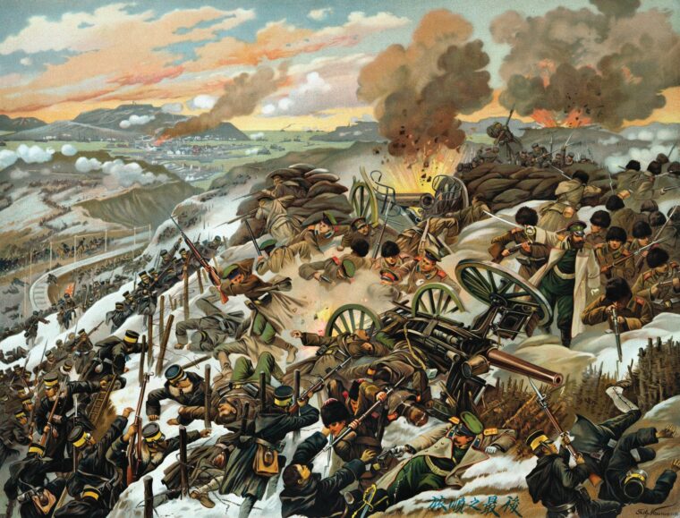 Japanese infantry storm one of the many Russian defensive works high above Port Arthur as the town smolders in the distance. The stubborn head-on attacks were incredibly costly.