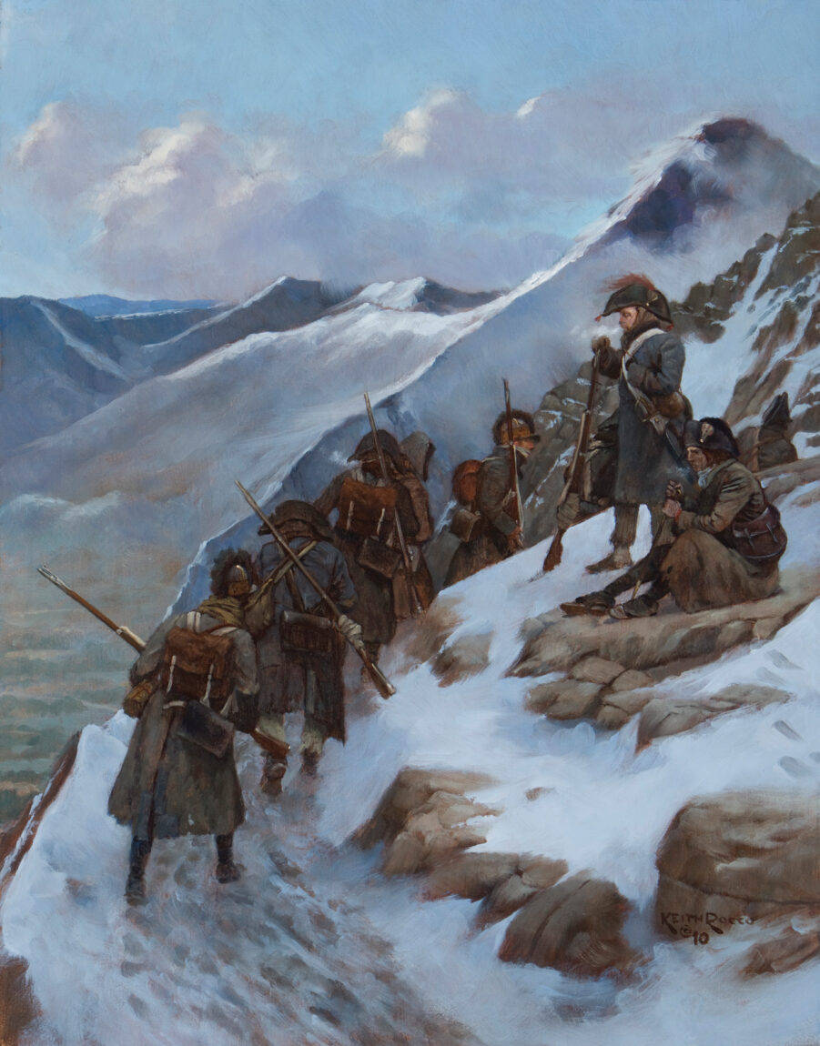 The Ligurian Alps dividing Piedmont and Liguria posed a tactical nightmare for commanders during the protracted campaigning in the region. A French patrol at the mercy of subfreezing temperatures conducts a patrol during the years of stalemate before Bonaparte arrived.