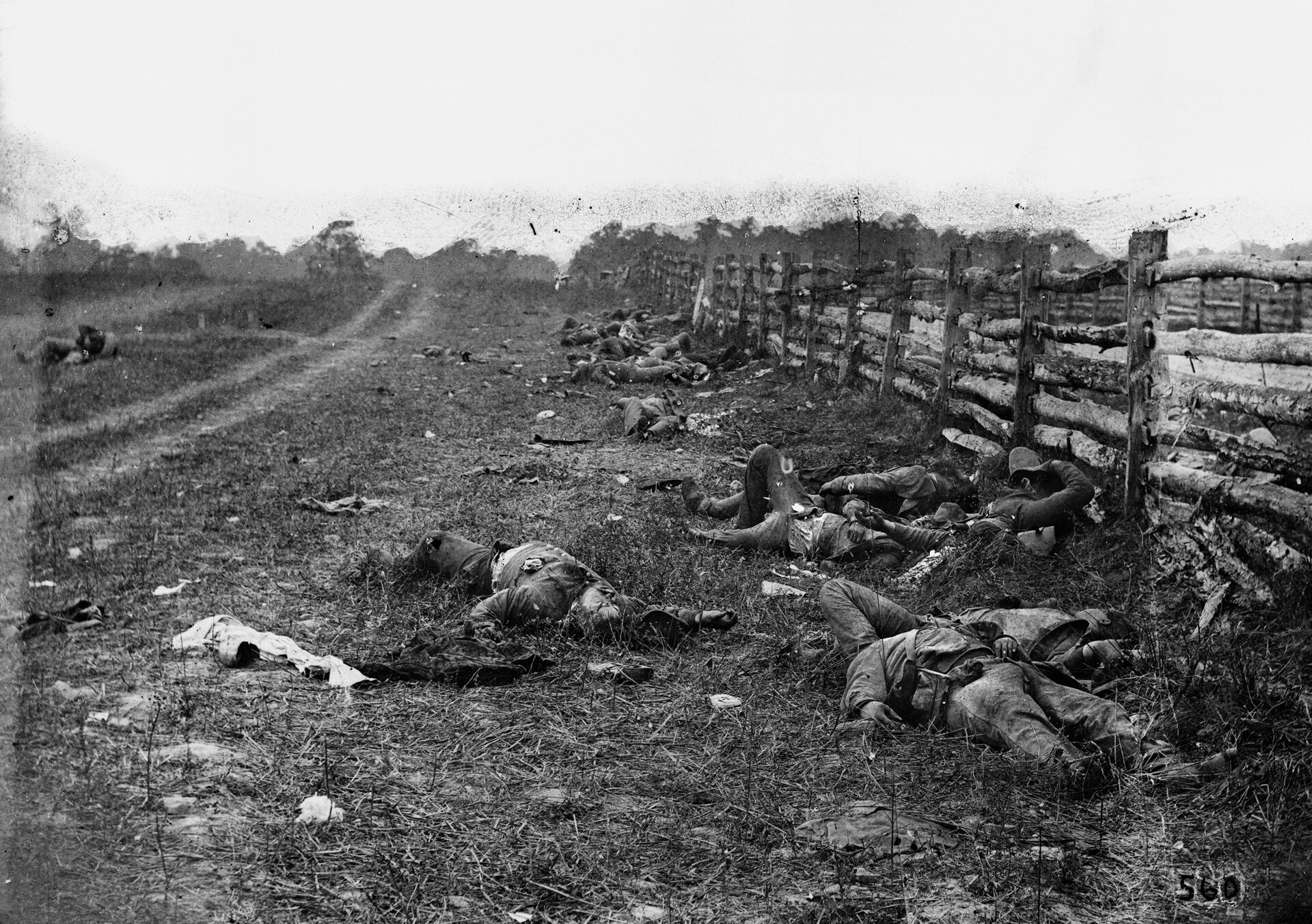 Dead Confederate soldiers from Louisiana lay fallen alongside Hagerstown Turnpike after the Battle of Antietam. This was one of the photos that shocked the nation when displayed in Brady’s New York City studio.