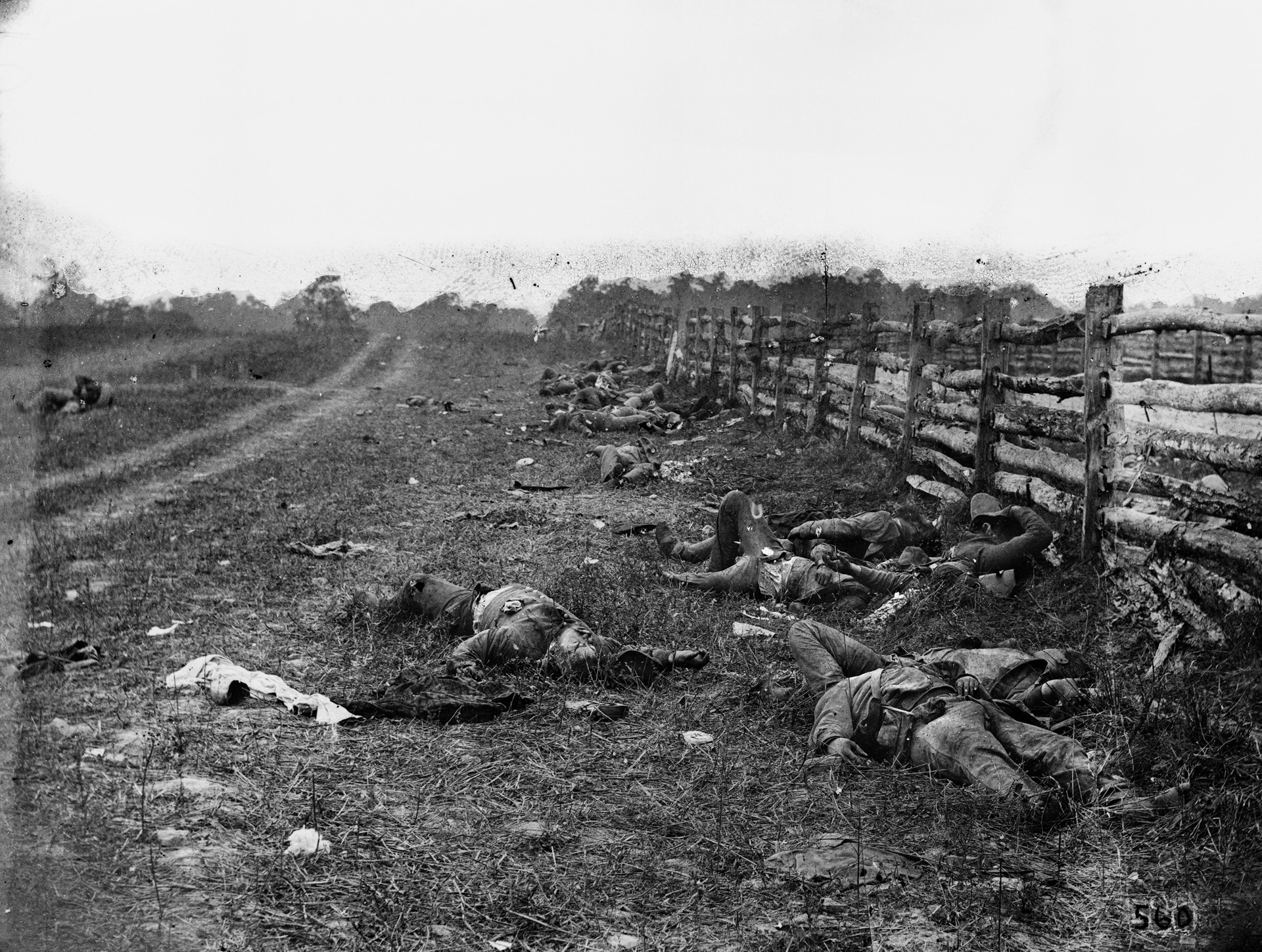 Dead Confederate soldiers from Louisiana lay fallen alongside Hagerstown Turnpike after the Battle of Antietam. This was one of the photos that shocked the nation when displayed in Brady’s New York City studio.