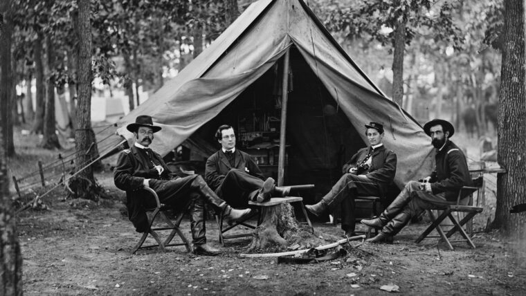 Union intelligence chief Colonel George Henry Sharpe is pictured with his staff at Brandy Station in June 1863. Left to right are Sharpe, John C. Babcock, an unidentified man, and John McEntee.