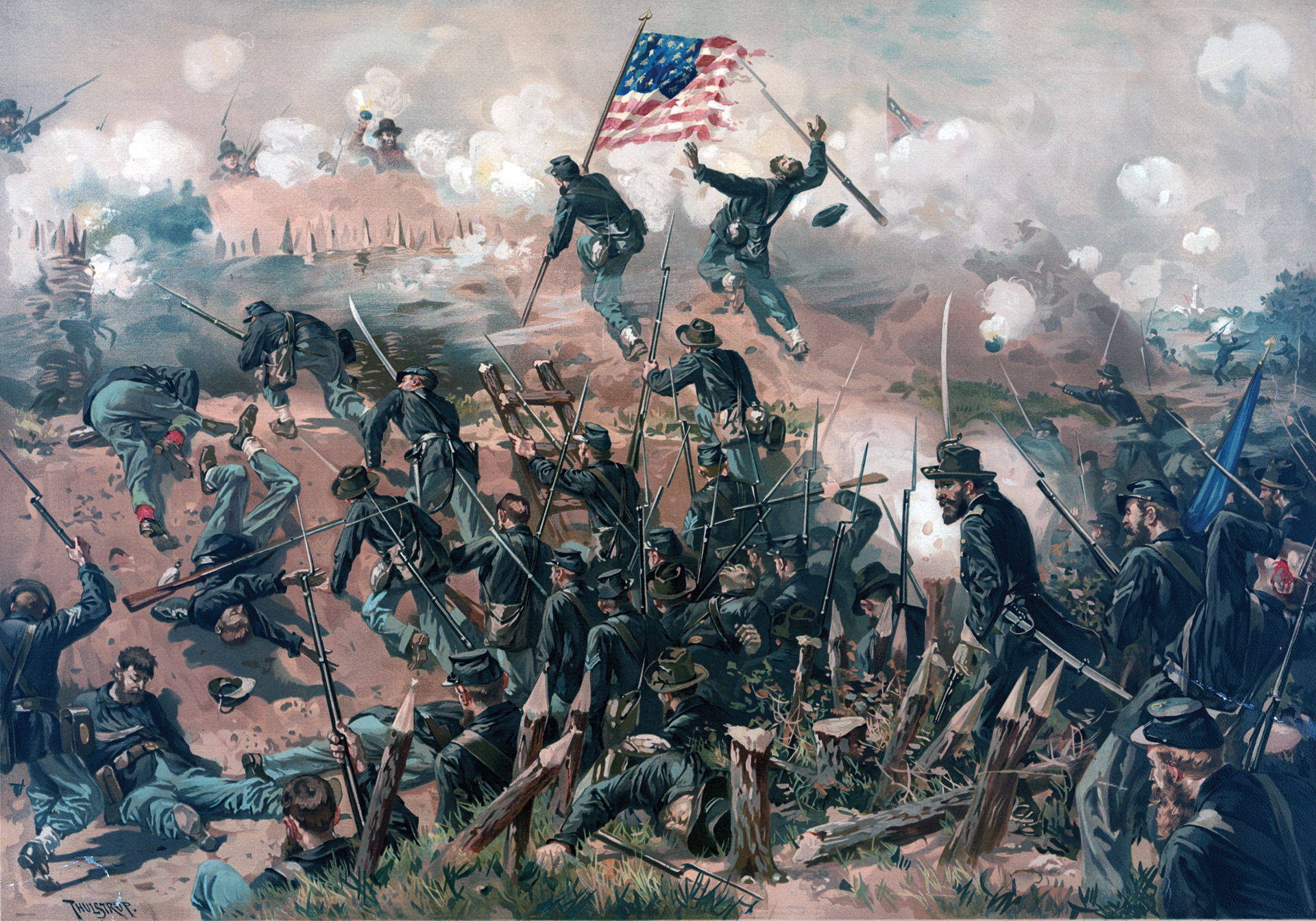 Union troops assault Confederate earthworks at Vicksburg on May 19, 1863, in the first of two major attacks that resulted in heavy losses. Isolation and starvation ultimately compelled the Confederates to surrender.