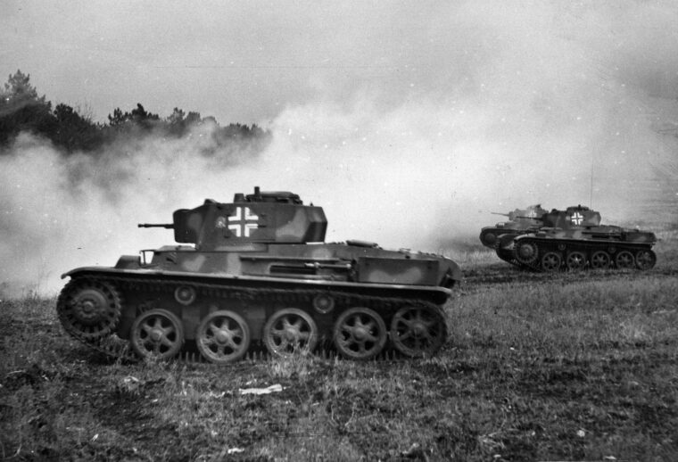 Hungarian Turan I tanks attack through a smoke screen in Russia in 1942.