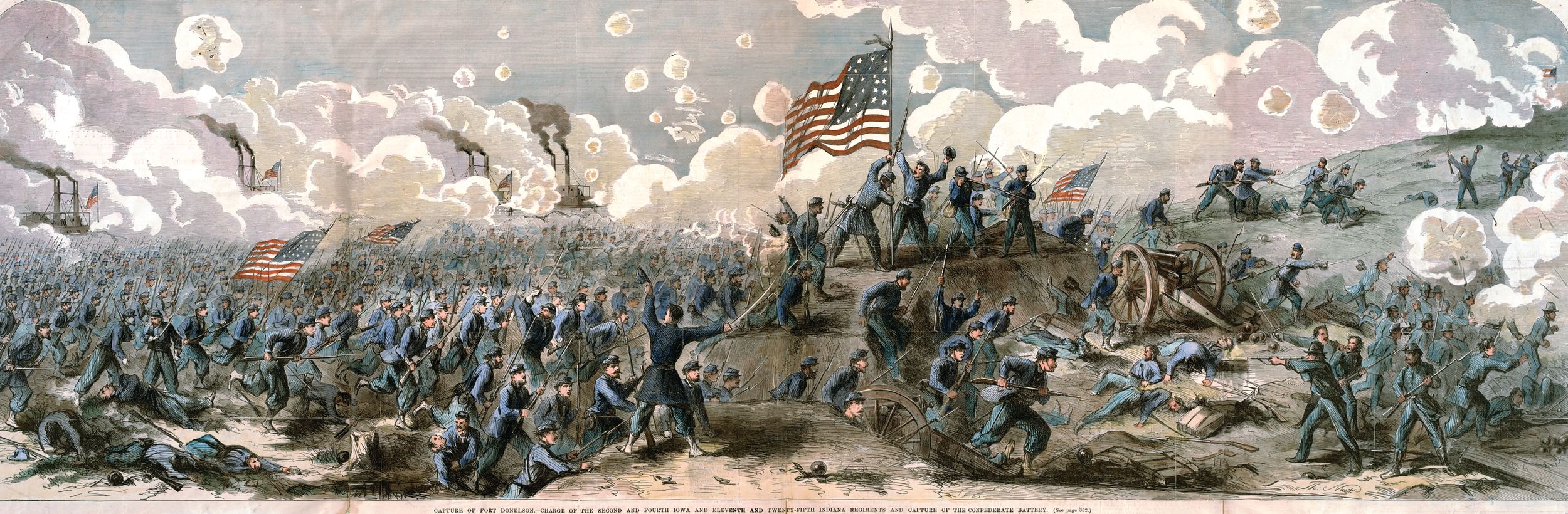 Union Brig. Gen. Charles F. Smith’s troops storm Fort Donelson, overrunning a battery and breaching part of the defenses on the Confederate right flank. Union morale ran high throughout the campaign.