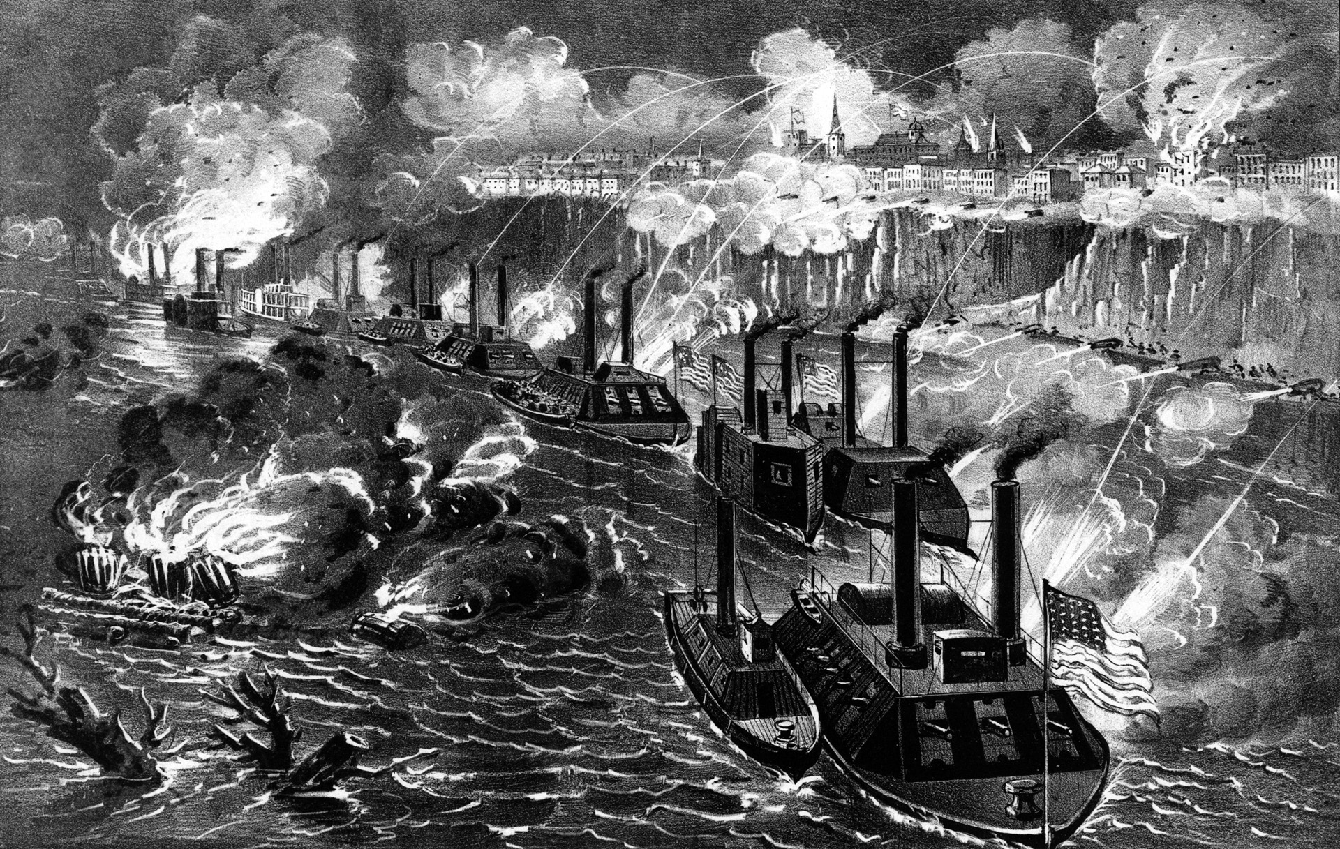 Rear Admiral David D. Porter’s gunboats run past the Vicksburg batteries on April 16, 1863, in a Currier and Ives print. Lashed to the gunboats are transports and barges that would be used to ferry Union soldiers across the Mississippi River.