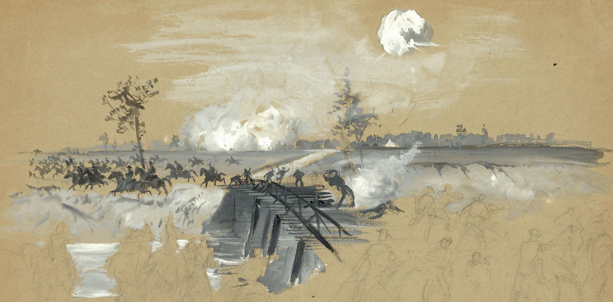 Union Colonel Robert Minty and his cavalrymen are driven off by enemy fire after attempting unsuccessfully to burn Reed’s Bridge on the opening night of the battle.
