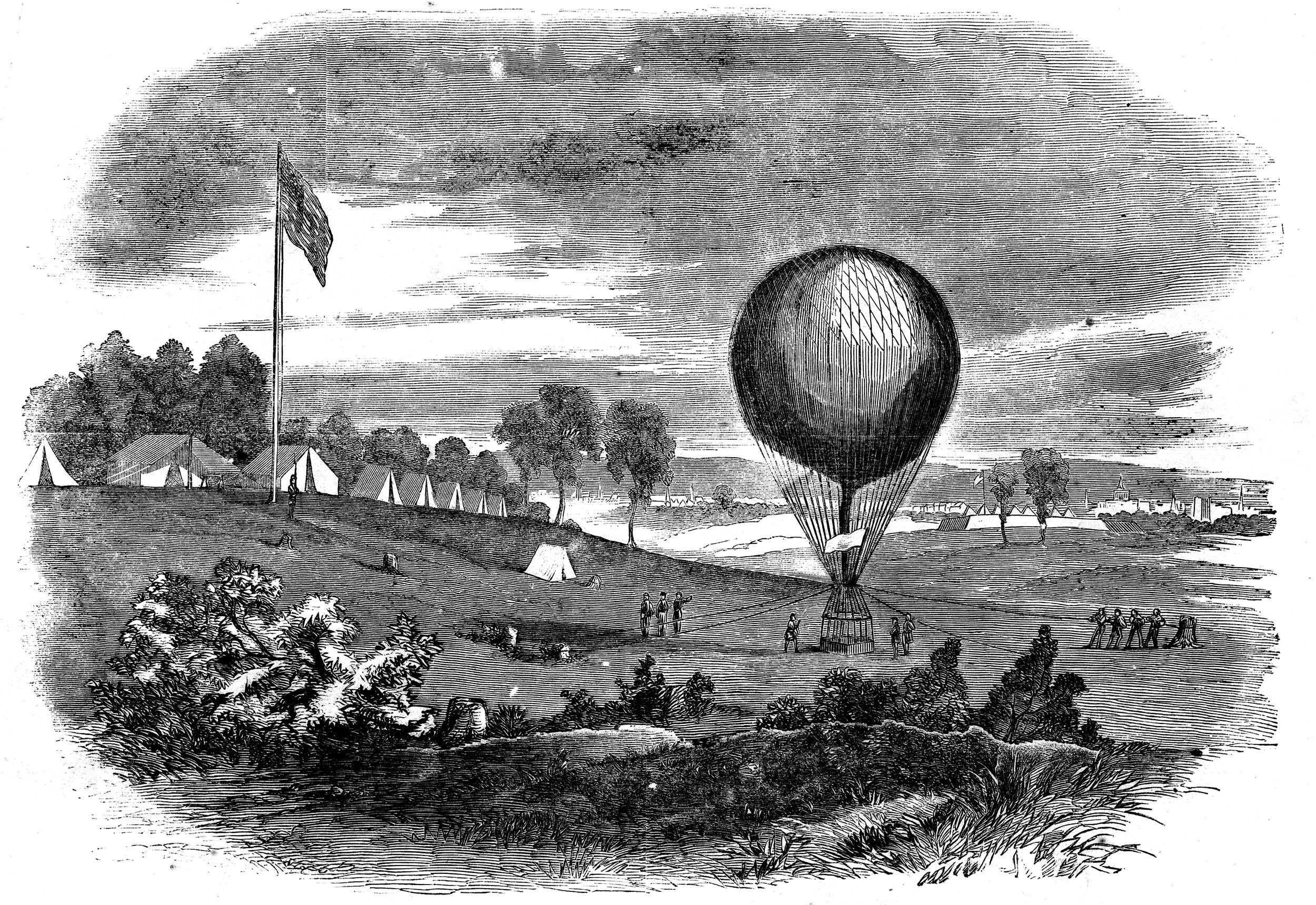 Professor Lowe’s crew launch a reconnaissance balloon from Maj. Gen. Irwin McDowell’s headquarters in summer 1861.