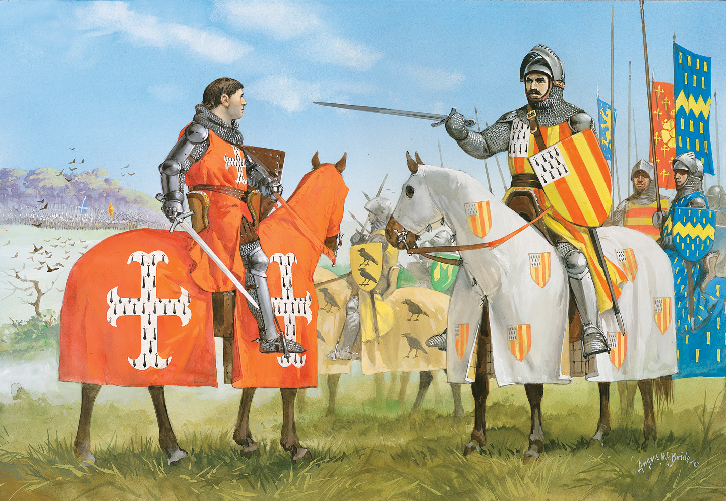 Ralph Basset, Lord of Drayton (right), eager to make contact with the Scots, informs the Anglican Bishop of Durham that he will lead the English vanguard into an immediate attack despite the bishop’s order to wait for King Edward’s division to deploy in support.