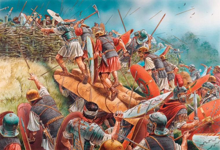 Romans under Prefect Lucius Eggius storm a German rampart consisting of a waist-high palisade of stakes interlaced with twigs and branches that ran along the top of an embankment.