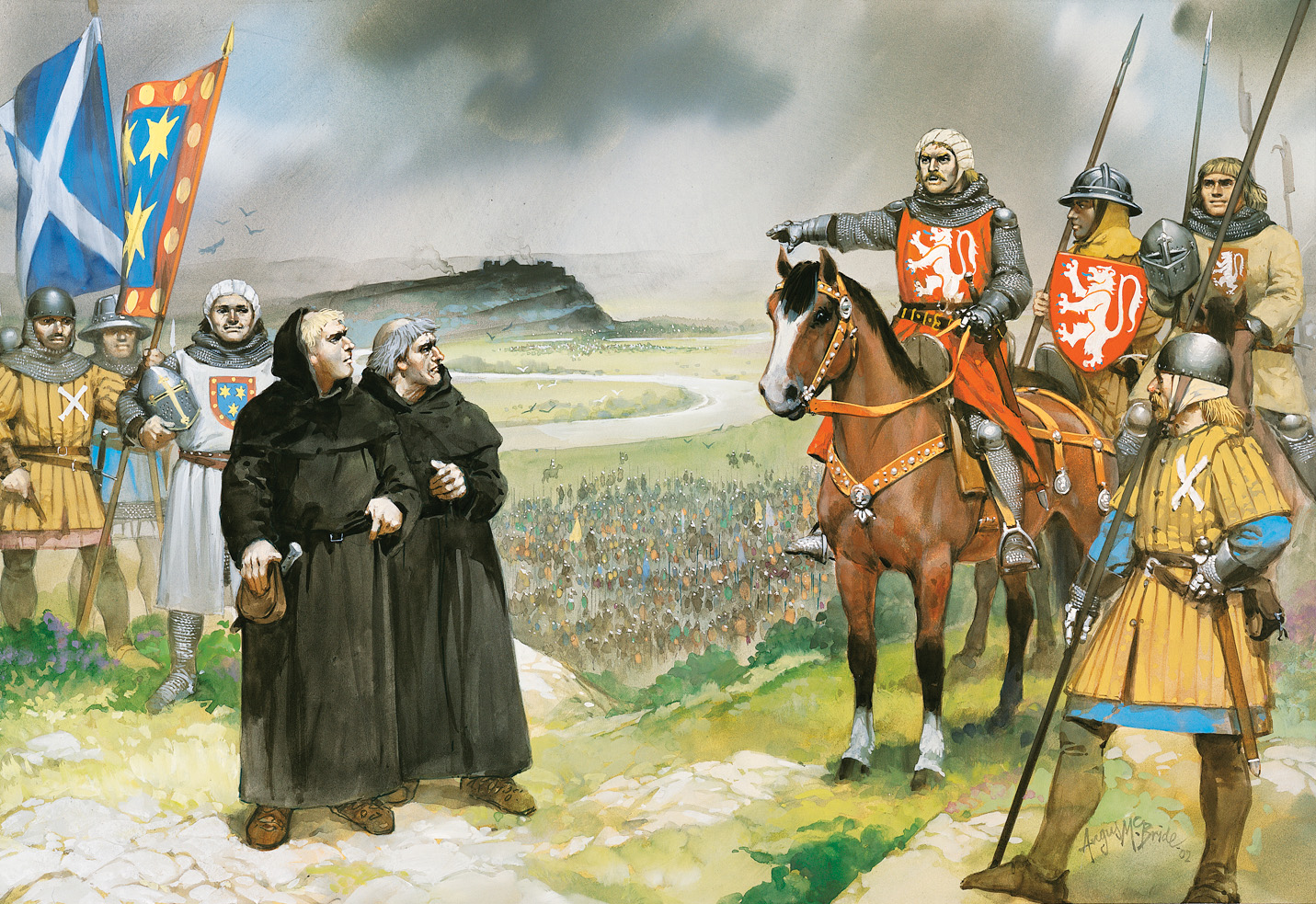Two Blackfriars unsuccessfully entreat a mounted William Wallace to surrender before the battle. Andrew Murray stands behind the monks in this painting by Angus McBride. 