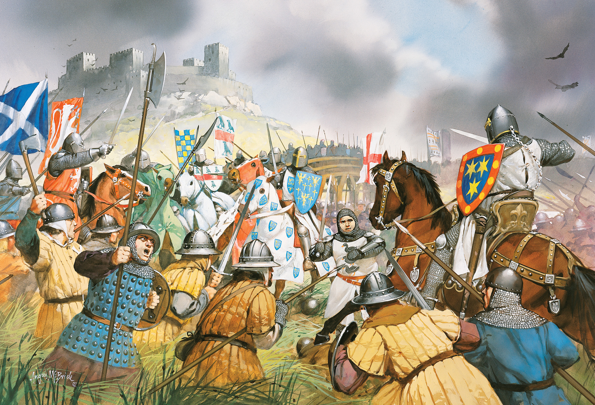 The inept leadership of John De Warenne led to the English disaster at Stirling Bridge. From their position on Abbey Crag, the Scots carried everything before them wiping out the English bridgehead on the north bank of the River Forth. Painting by Angus McBride