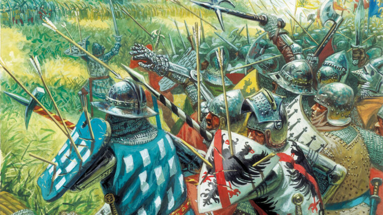 French men-at-arms assault a formidable English position at Auray in September 1364. An English counterattack shattered the French.