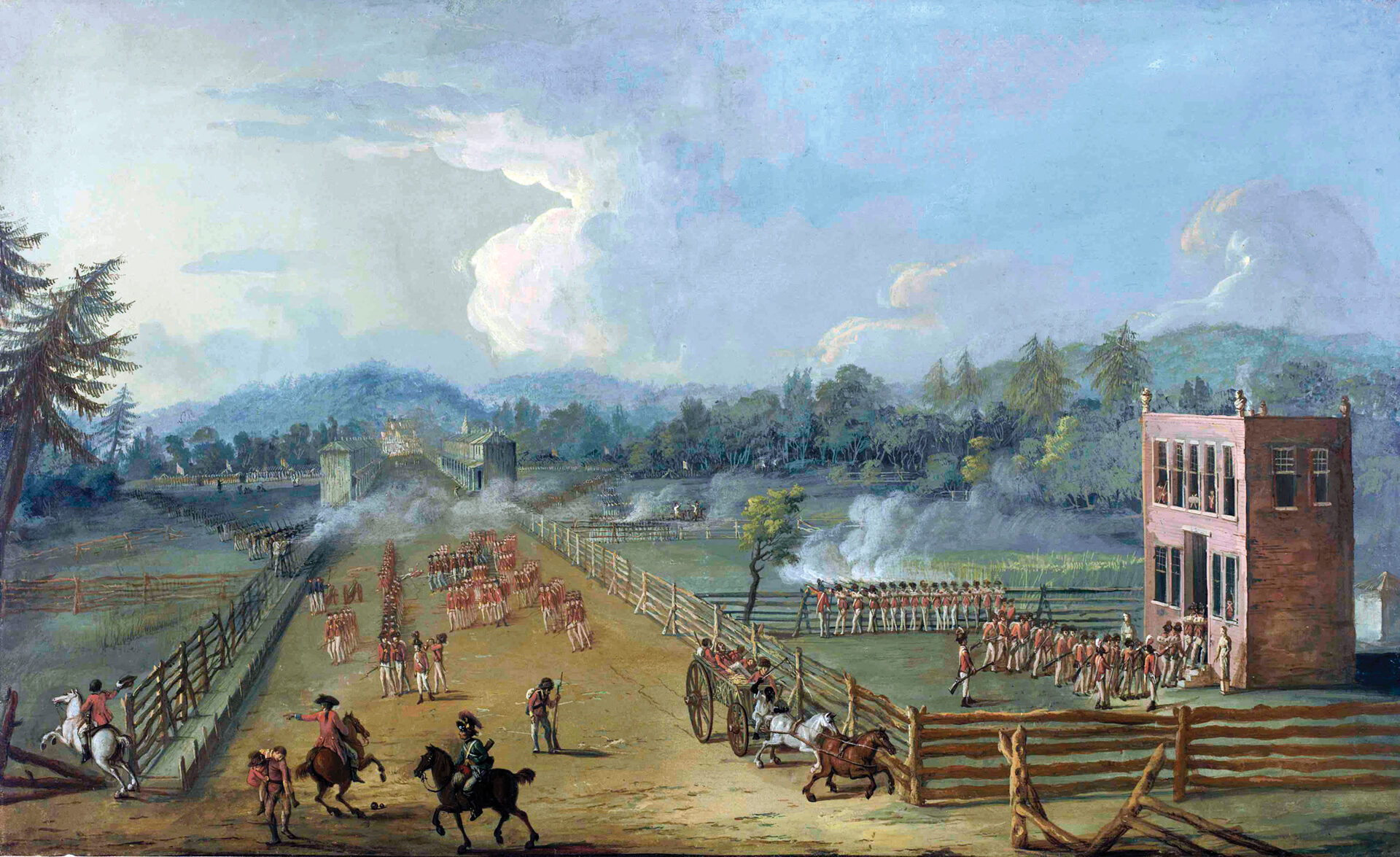 British troops are shown defending Cliveden, the residence of Pennsylvania judge Benjamin Chew. British infantry occupied the house, turning it into a strongpoint against the American attack. This painting, also by Xavier Della Gatto, is believed to have been made for a British officer who fought in the battle.