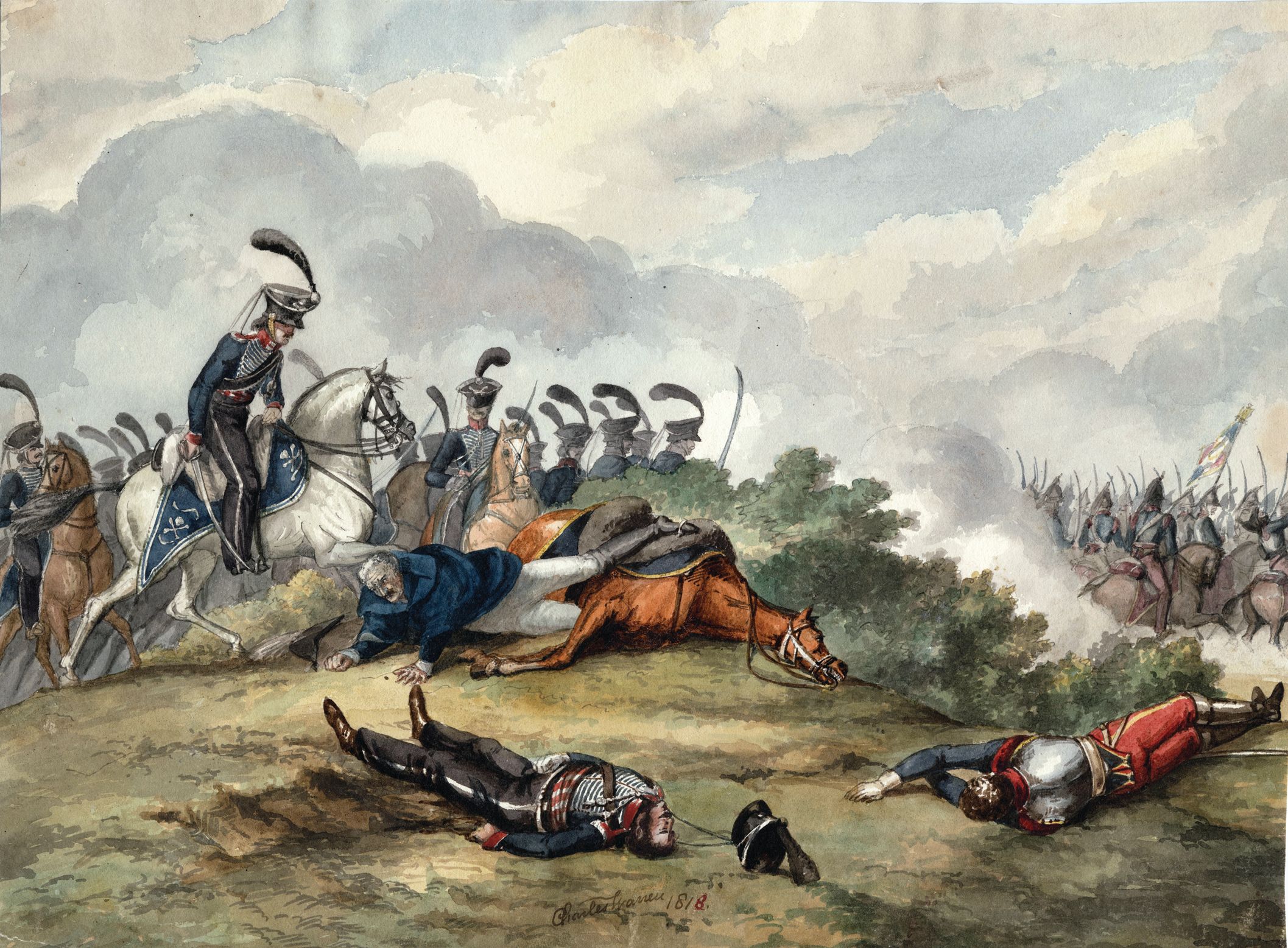 Seventy-two-year-old Field Marshal Blucher is shown pinned under his horse after leading a counterattack by his cavalry. Quick thinking by one of Blucher’s aides, who covered him with a cloak as French cavalry streamed past, helped the field marshal avoid capture while he was pinned for two hours. 