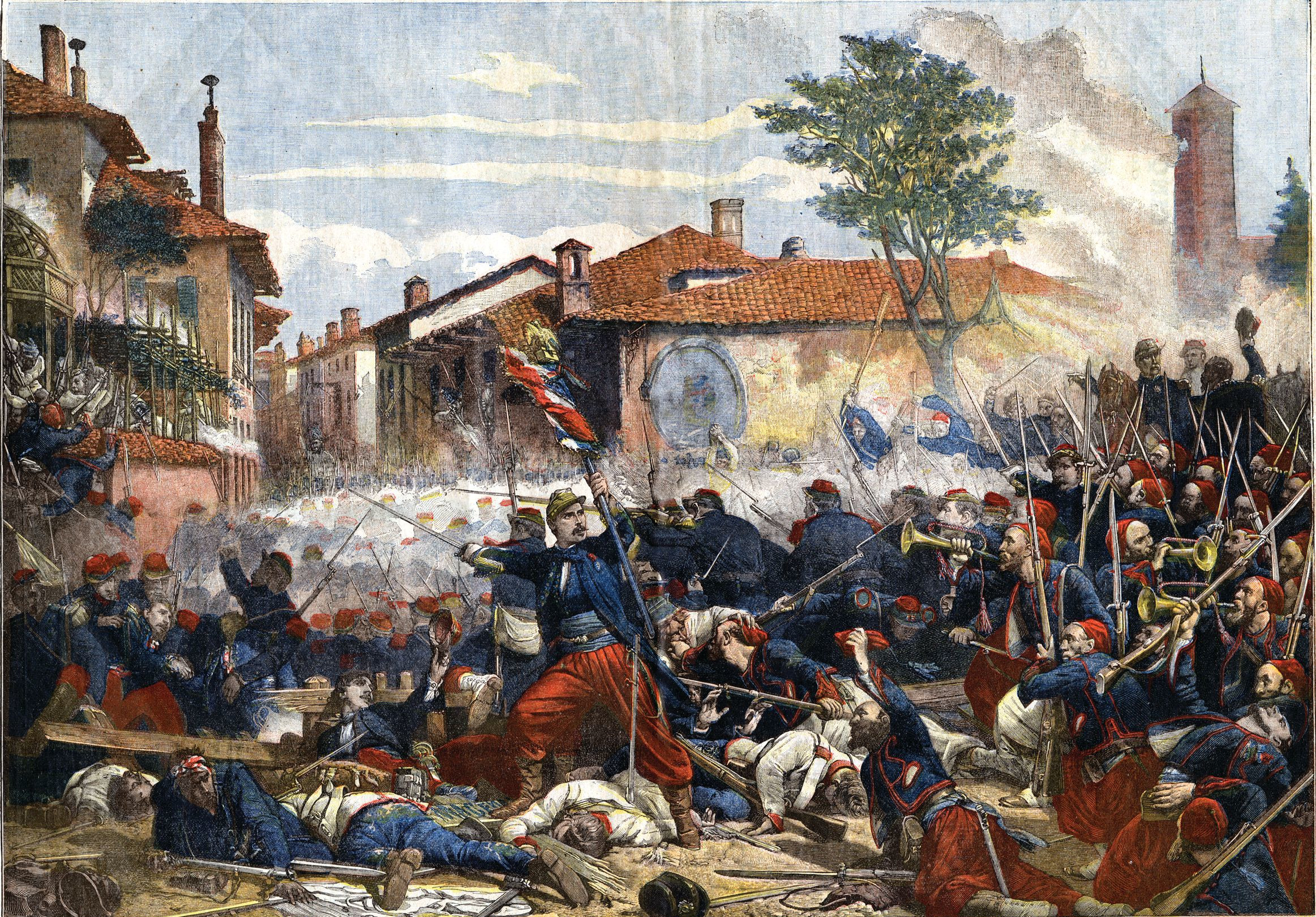 French Zouaves storm the Ponte Nuova Bridge shouting “Vive l’Empereur!” The Austrians kept up a galling fire from a nearby building, but the fierce Zouaves took the building with the cold steel of their bayonets.