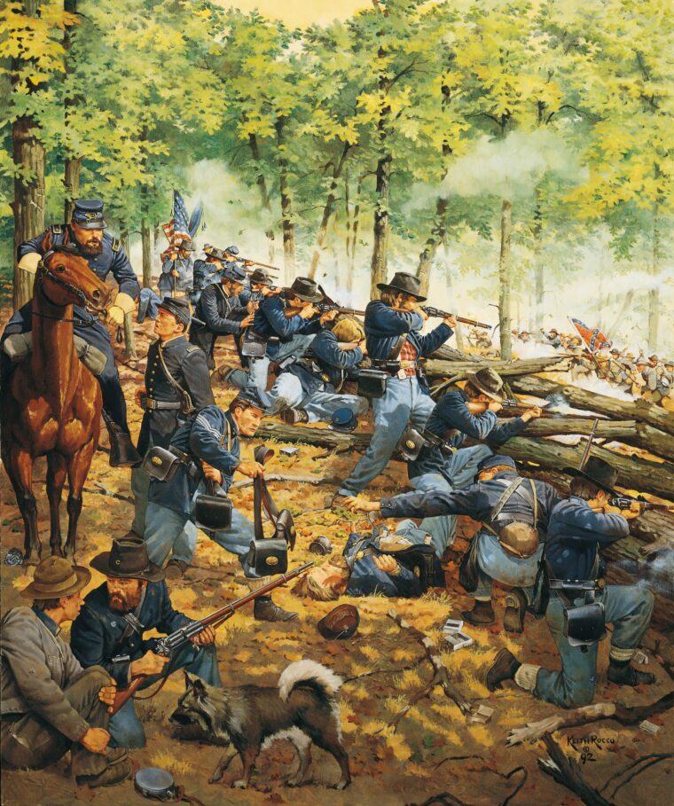Men of the 21st Ohio Regiment fire from behind hastily built breastworks atop Horseshoe Ridge at Chickamauga. The regiment was one of many cobbled together by Maj. Gen. George H. Thomas to hold Snodgrass Hill. Painting by Keith Rocco.