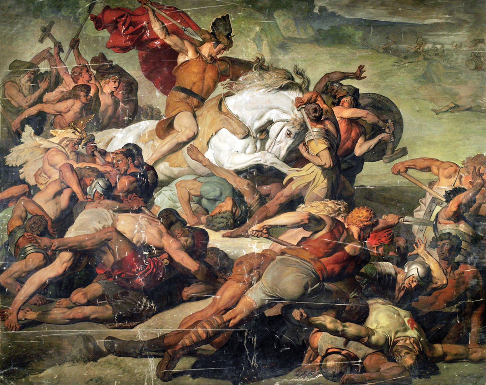 Arminius leads his tribesmen in a furious assault on the Romans in a romantic painting. The Germans conducted hit-and-run attacks on the long column until it was destroyed. 