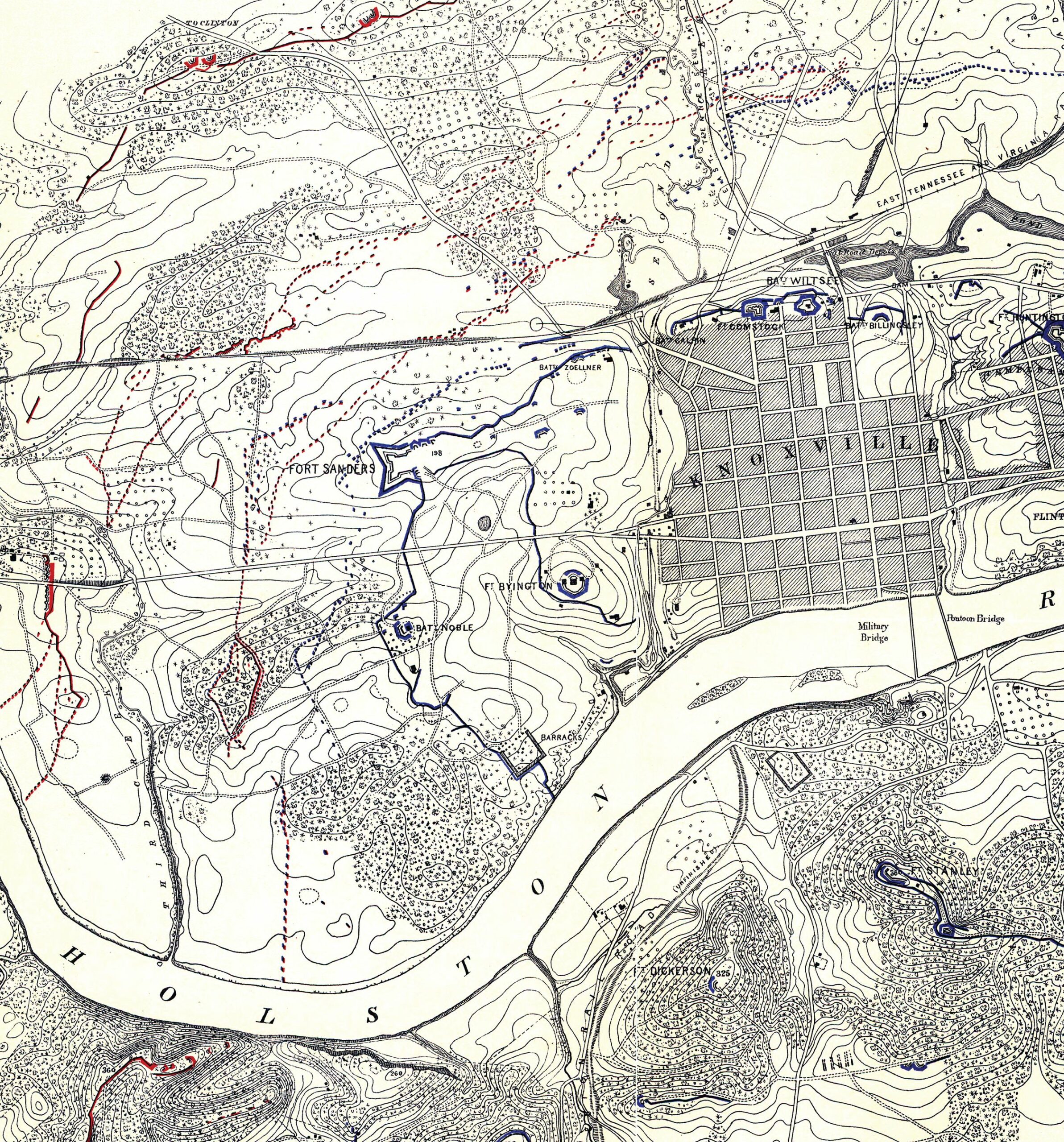 A period map shows the prominent position held by Fort Sanders in the western approaches to the Union defenses at Knoxville. From the tall parapets of the fort, Yankee infantry could fire down on the Confederates as they tried to negotiate a variety of obstructions, including ditches, abatis, and telegraph wire strung between tree stumps.