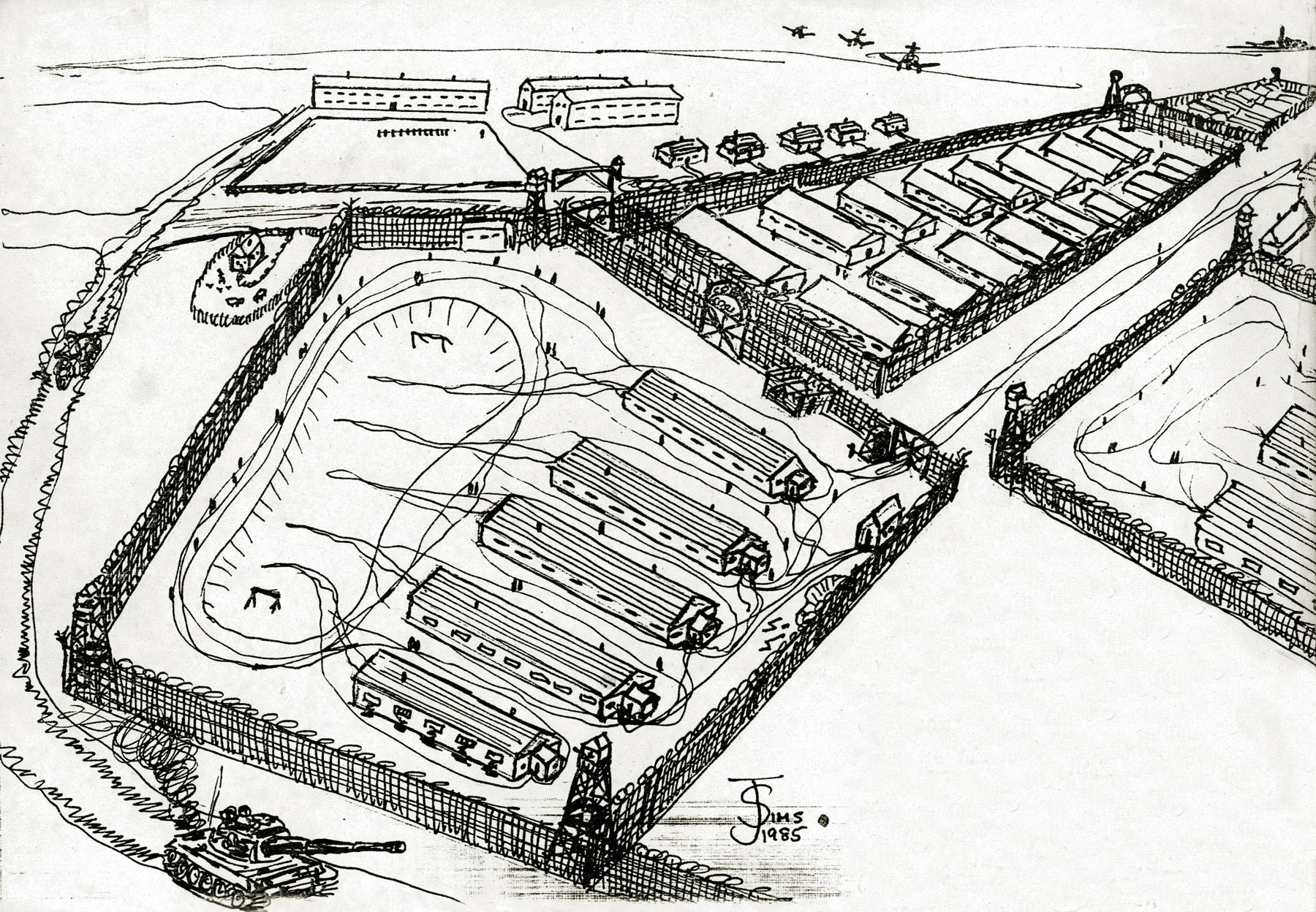 Sims made this sketch of the prison camp where he was held through the fall, winter, and spring of 1944-1945.