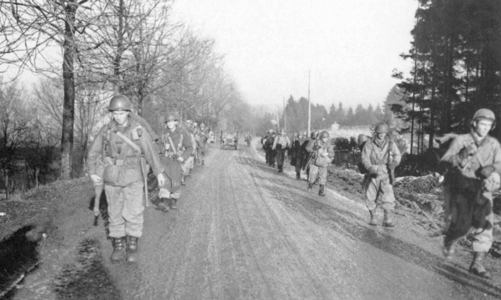 The only official Army photo ever to identify the 551st. It shows them moving up to the front lines very early in the Battle of the Bulge.