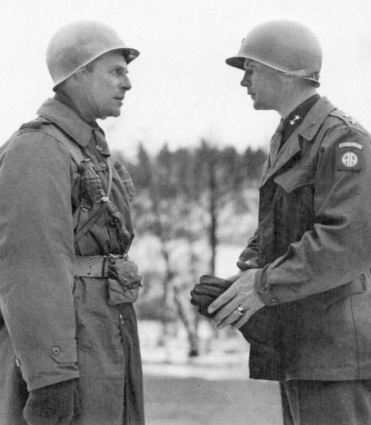 Lt. Gen. Matthew Ridgway on the left and Maj. Gen. James Gavin on the right confer during the Battle of the Bulge. Both commanded paratroopers, who bore much of the fighting. 