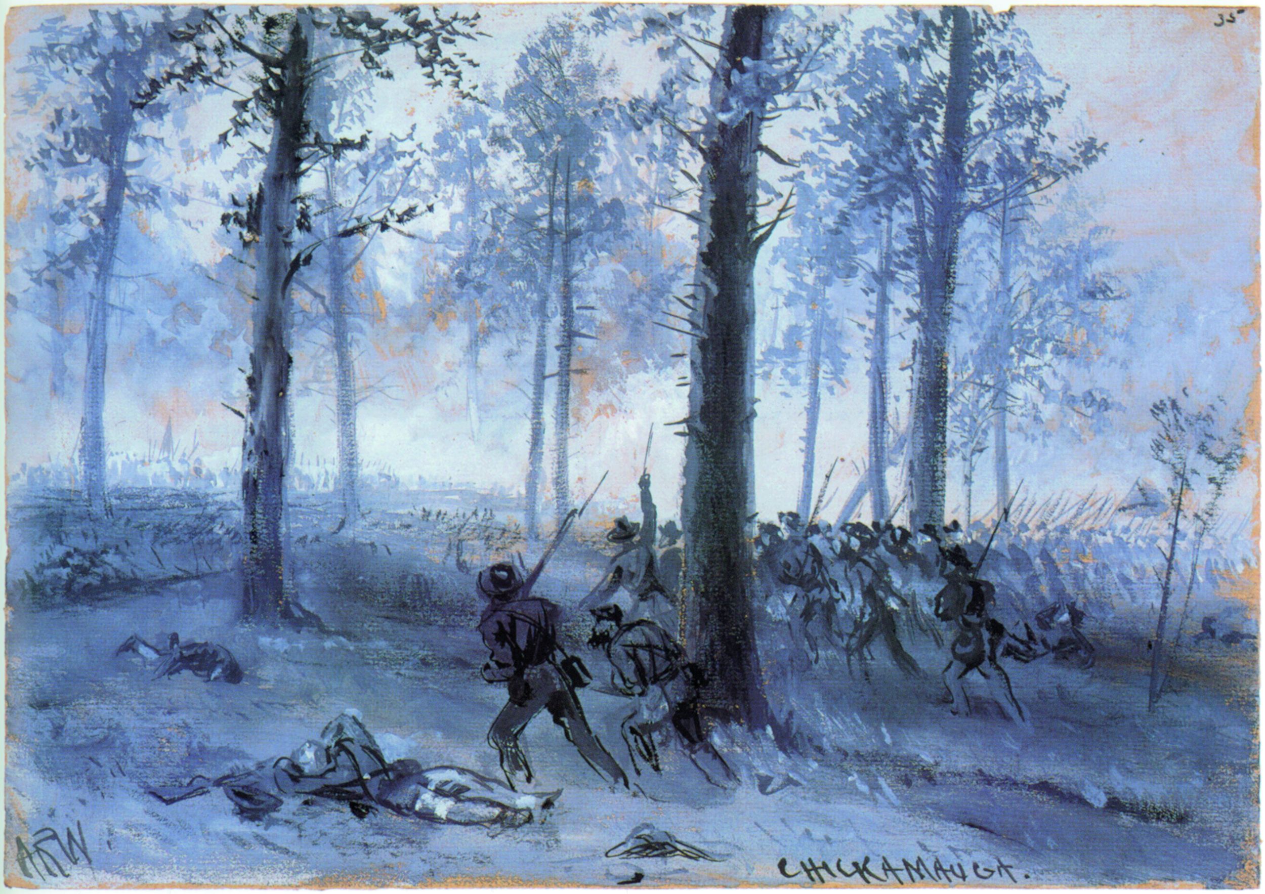 Patrick Cleburne’s bark-tough Confederates advance at twilight on the first night of the battle. Encroaching darkness halted the fighting when men on both sides could only fire at muzzle flashes and sounds.