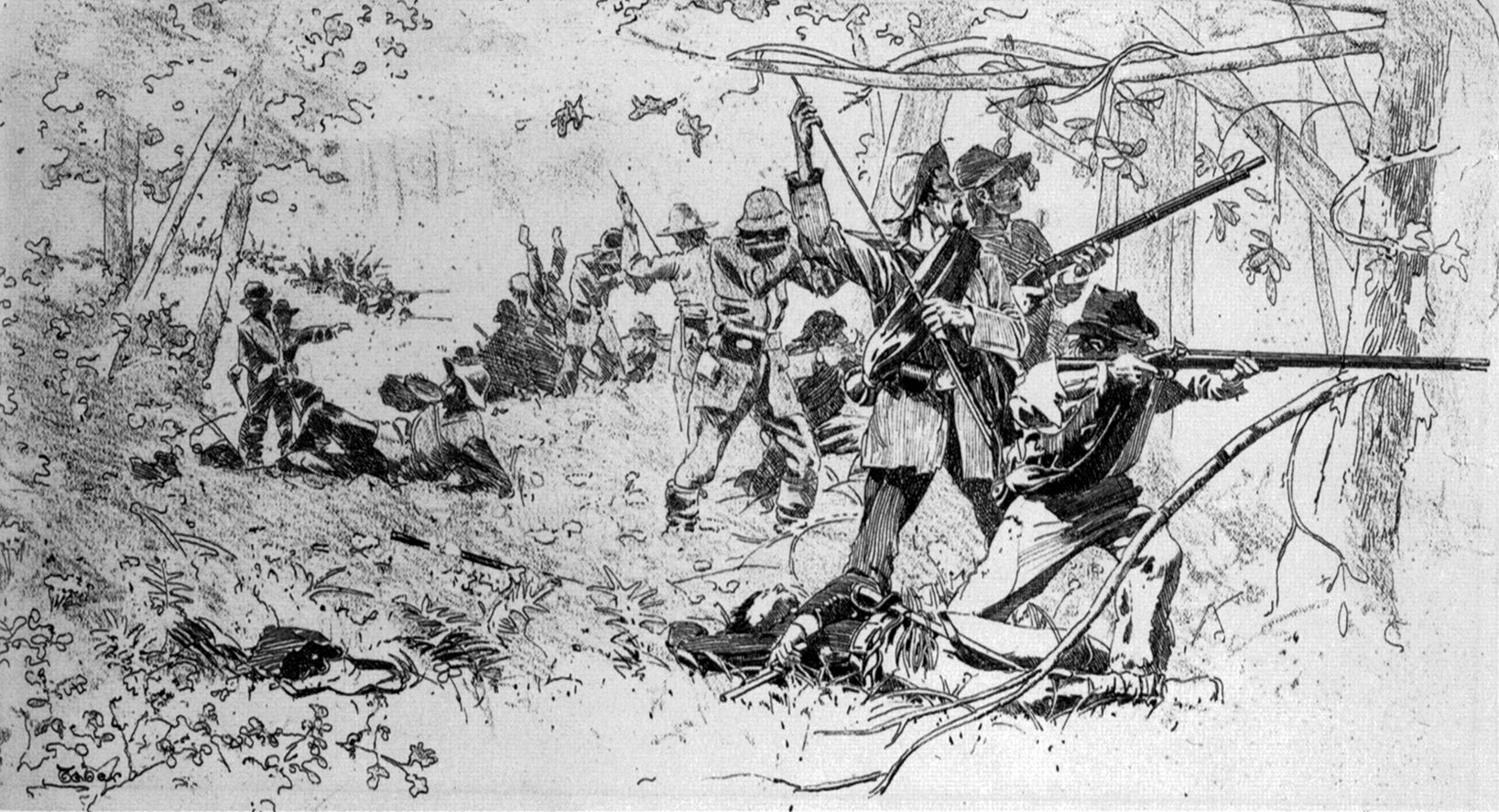Confederate troops load and fire into the thick underbrush around Chickamauga Creek, which gave the battle its name.