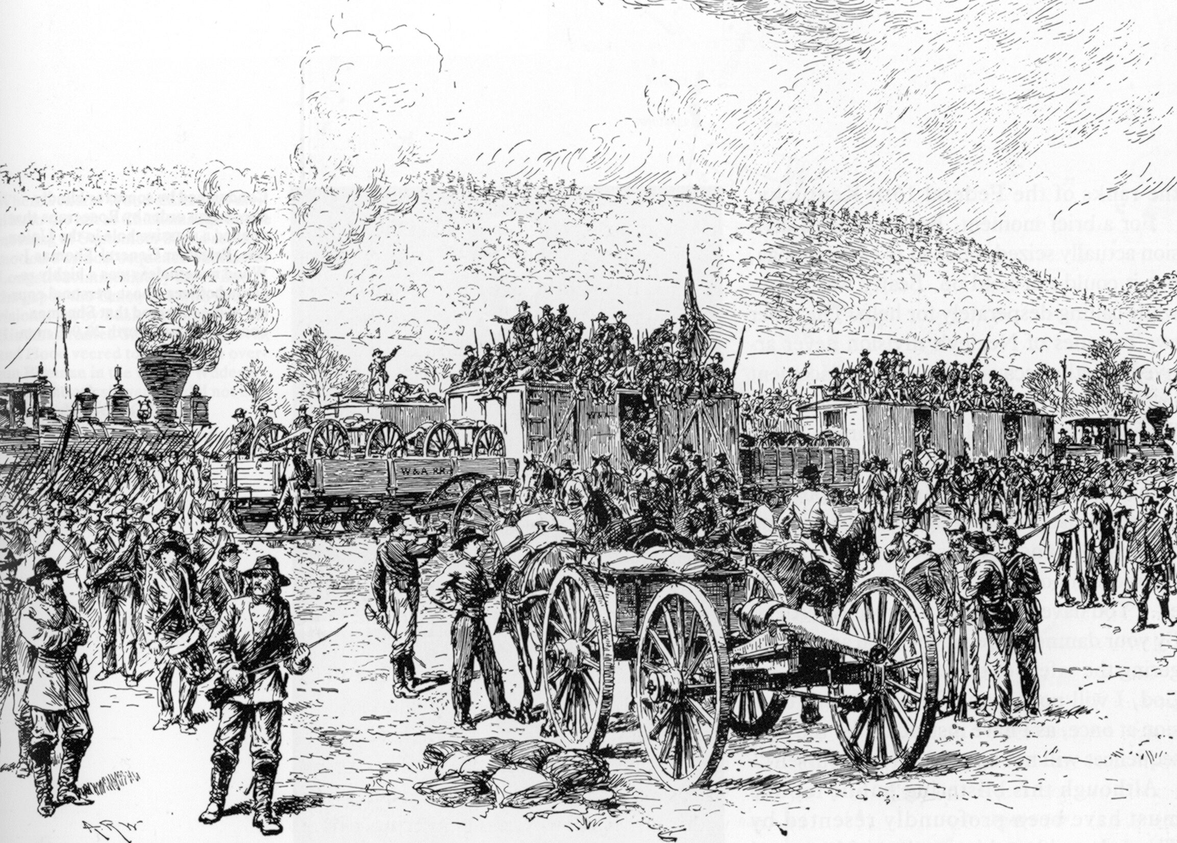 Lt. Gen. James Longstreet’s troops disembark from various railroad cars after arriving at Ringgold Station from Virginia on the afternoon September 19 to reinforce Bragg.