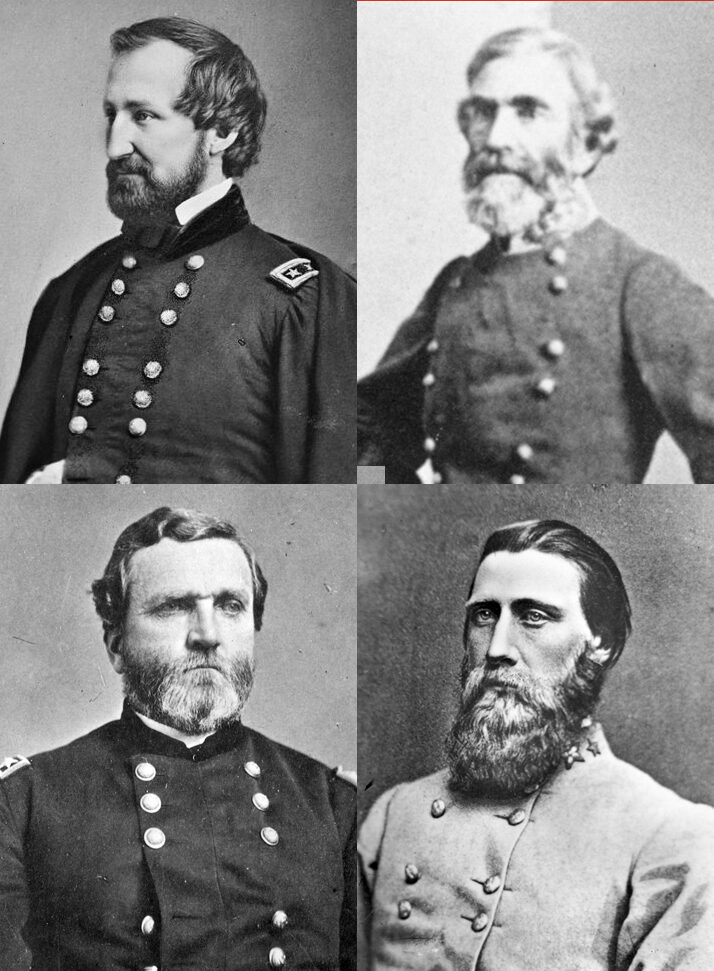 Principal commanders at Chickamauga, clockwise from top left: William Rosecrans, Braxton Bragg, John Bell Hood, George H. Thomas.