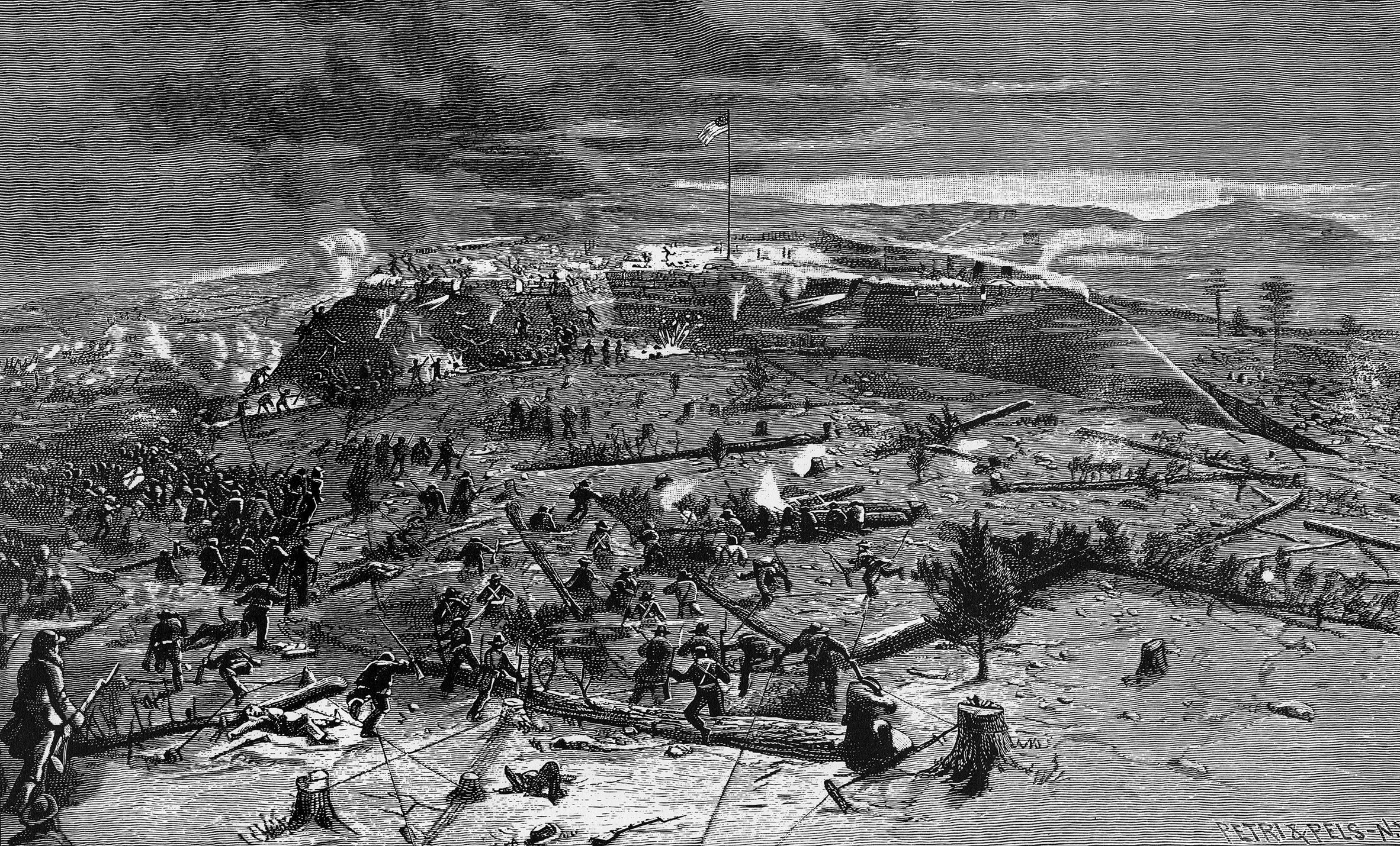 One of the most difficult operations in the Civil War, and one that failed regularly, was the attempt by infantry to storm strongly held field fortifications. Following their orders, clusters of Confederates desperately try to fight their way uphill to Fort Sanders.