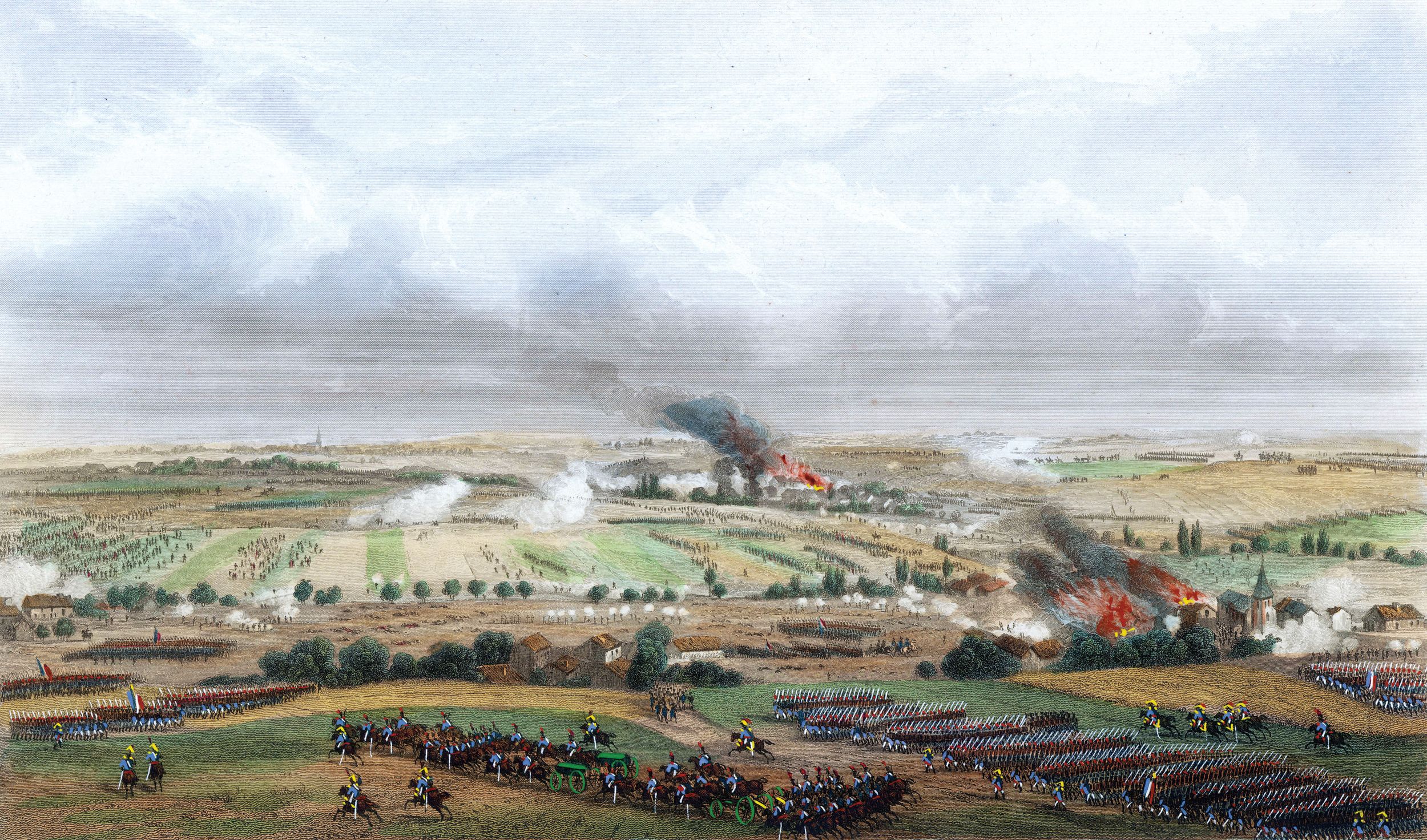 A panoramic view of the Ligny battlefield shows French forces advancing in the foreground over the gently rolling terrain. Approximately 150,000 men participated in the clash two days before Waterloo.