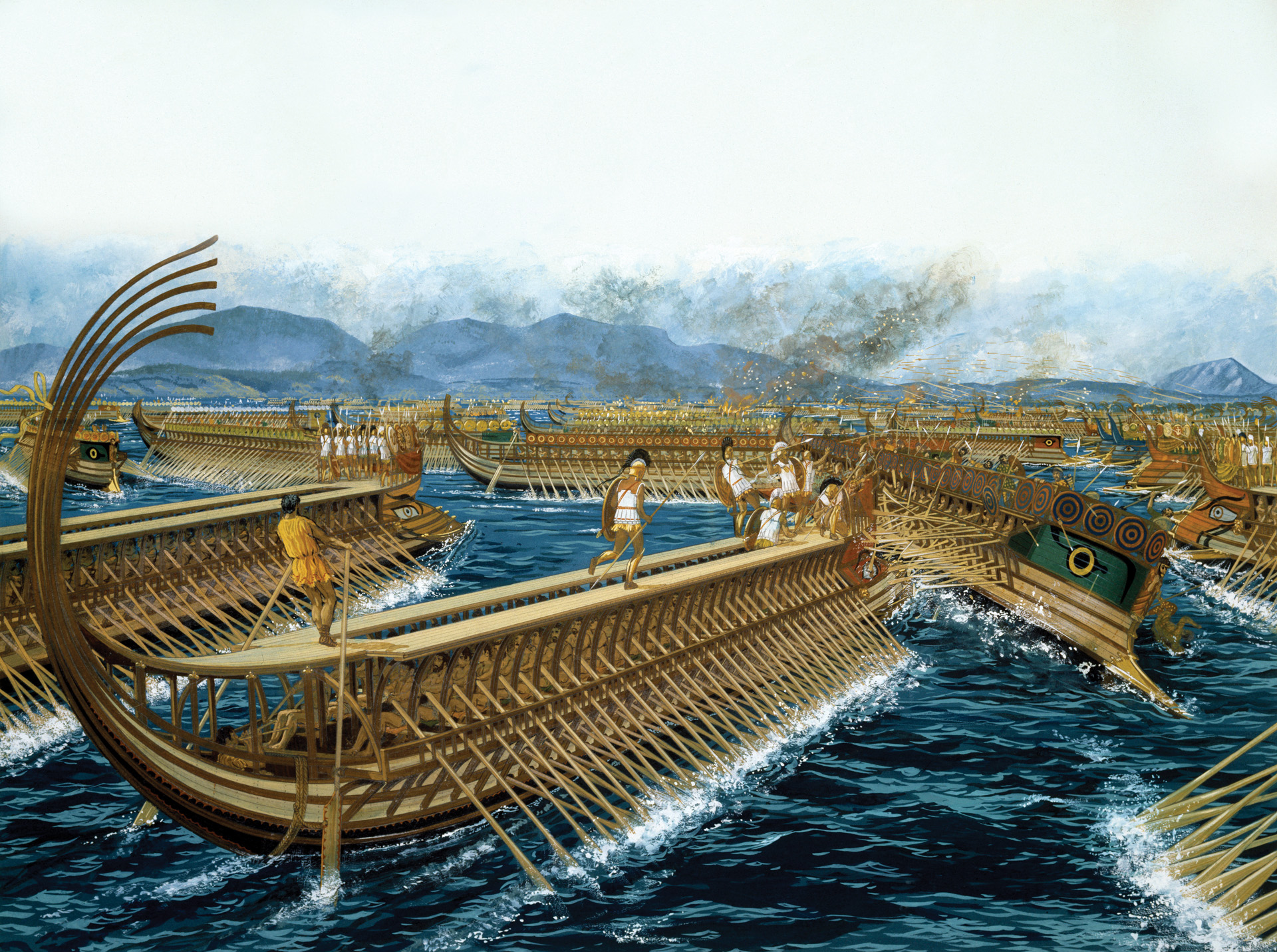 A Greek trireme rams a Persian trireme in Salamis Bay while hoplites and archers engage each other with spears and arrows.