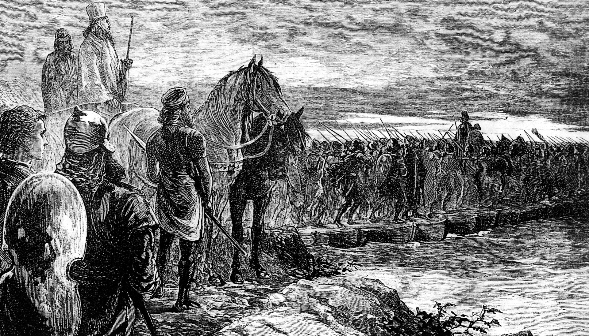 Xerxes’ Persian army achieved an engineering marvel by crossing the Hellespont on two long pontoon bridges.