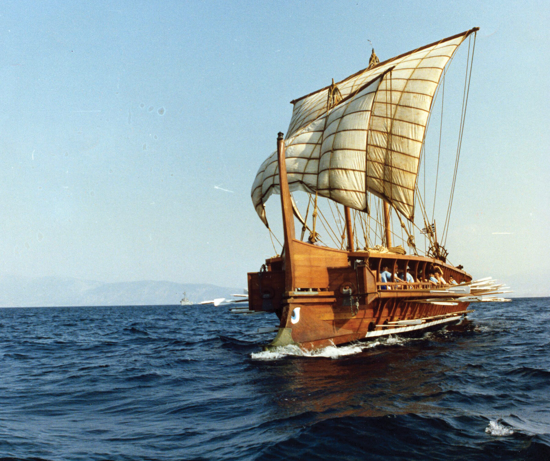 The Olympias is an accurate reproduction of an Athenian trireme owned by the Greek Navy. Triremes were designed for fast attack with ramming speeds up to 30 miles per hour.