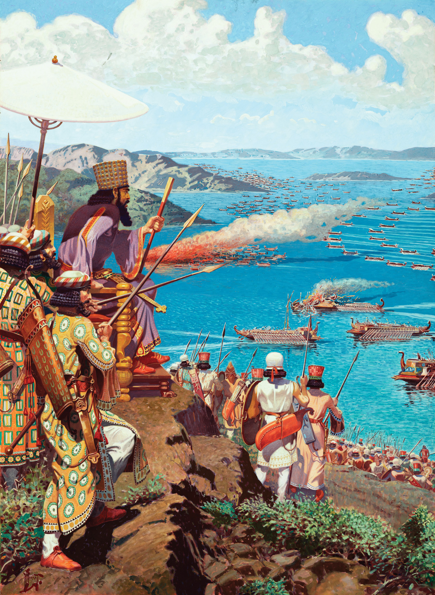 Xerxes looks on as the Greek navy launches a series of ramming attacks that produced disorder and confusion among the tightly packed Persian fleet.