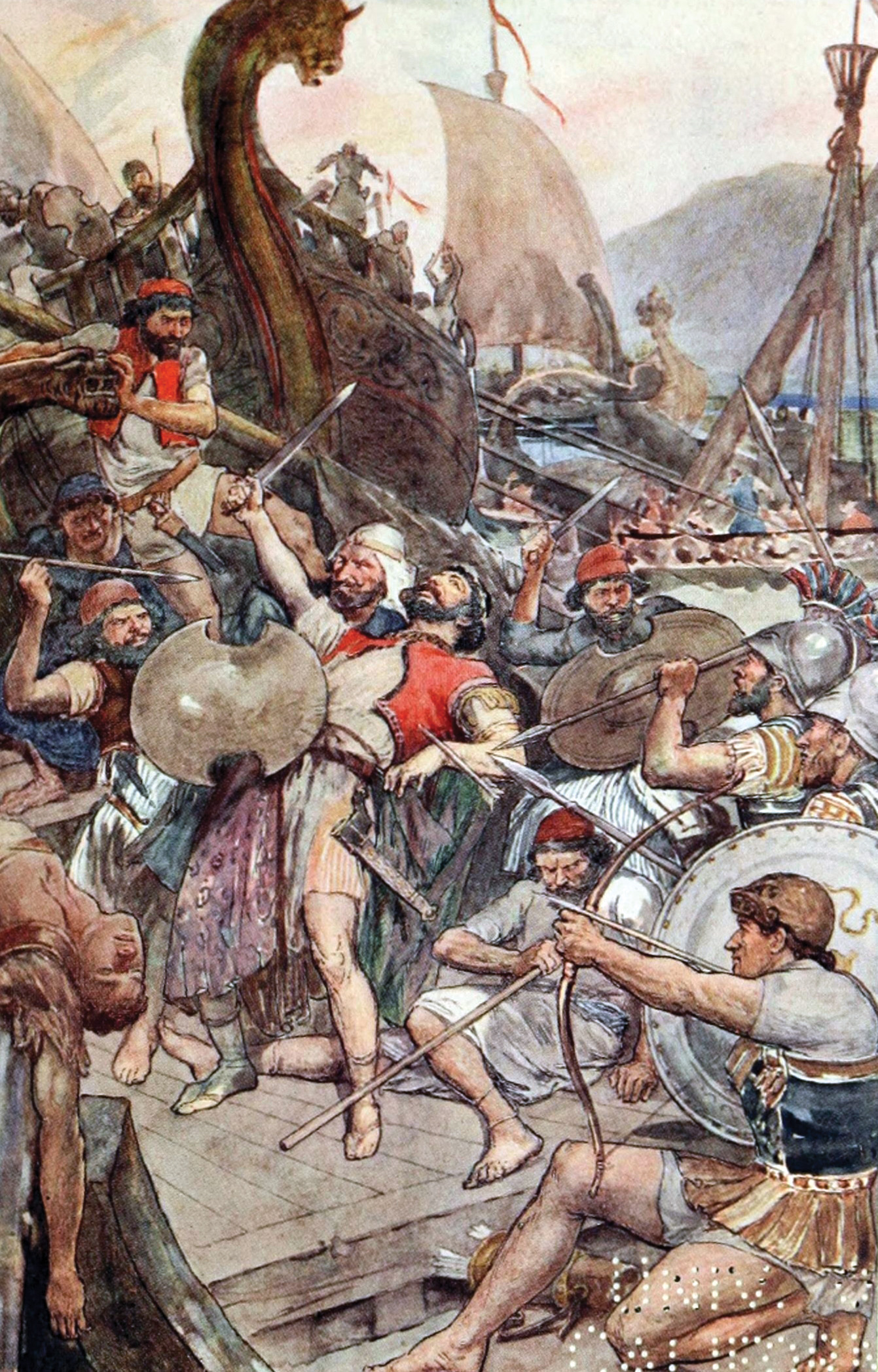 Ariabignes, a Persian admiral and Xerxes’ half brother, is slain by spear thrusts during a melee that ensued when the Greeks rammed his flagship.