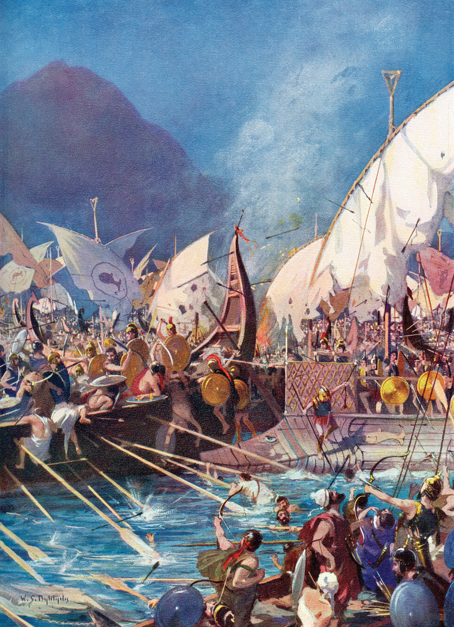 Boarding parties tangled in bloody melees when the ships became locked together as a result of ramming. Eventually the Greeks prevailed, and the remaining intact Persian vessels fled to safer waters