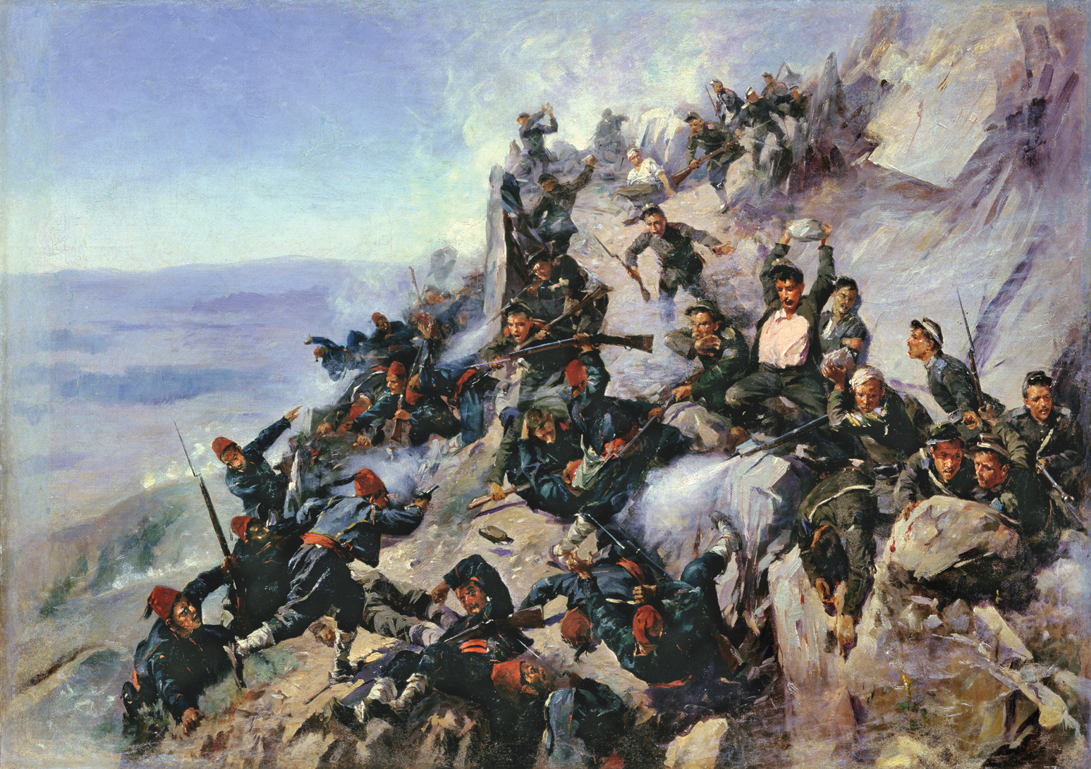 A contemporary painting of the Battle of Shipka Pass shows Russian troops fending off a desperate attack by the Turks. Russian General Mikhail Skobelev distinguished himself during the Russo-Turkish War of 1877-1878 by capturing the strategic mountain pass.