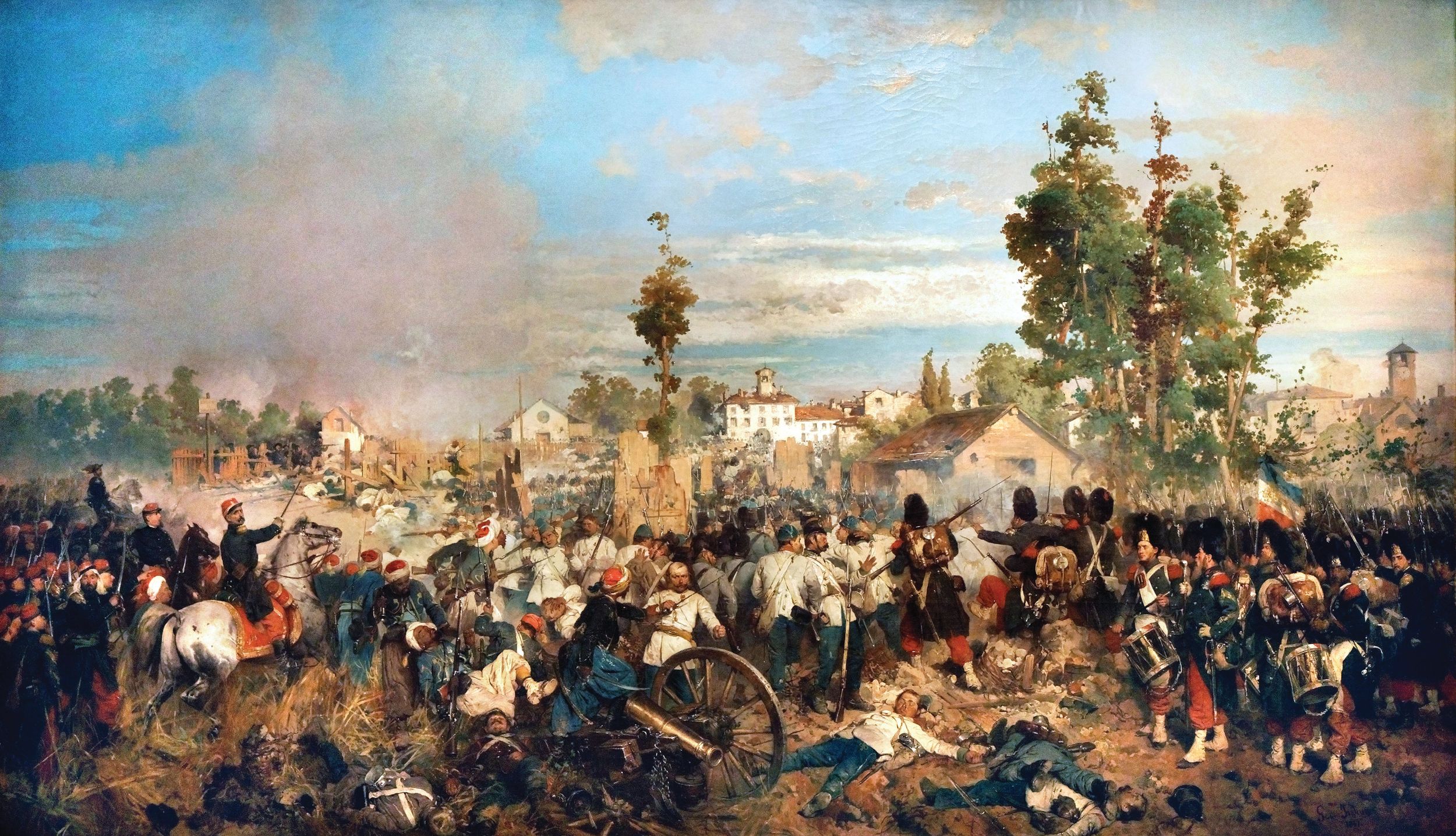 Elite French forces steadily push back white-uniformed Austrian infantry in a contemporary painting by Italian soldier Gerolamo Induno. In the claustrophobic and murderous nature of the fighting, generals fought and died like common soldiers.