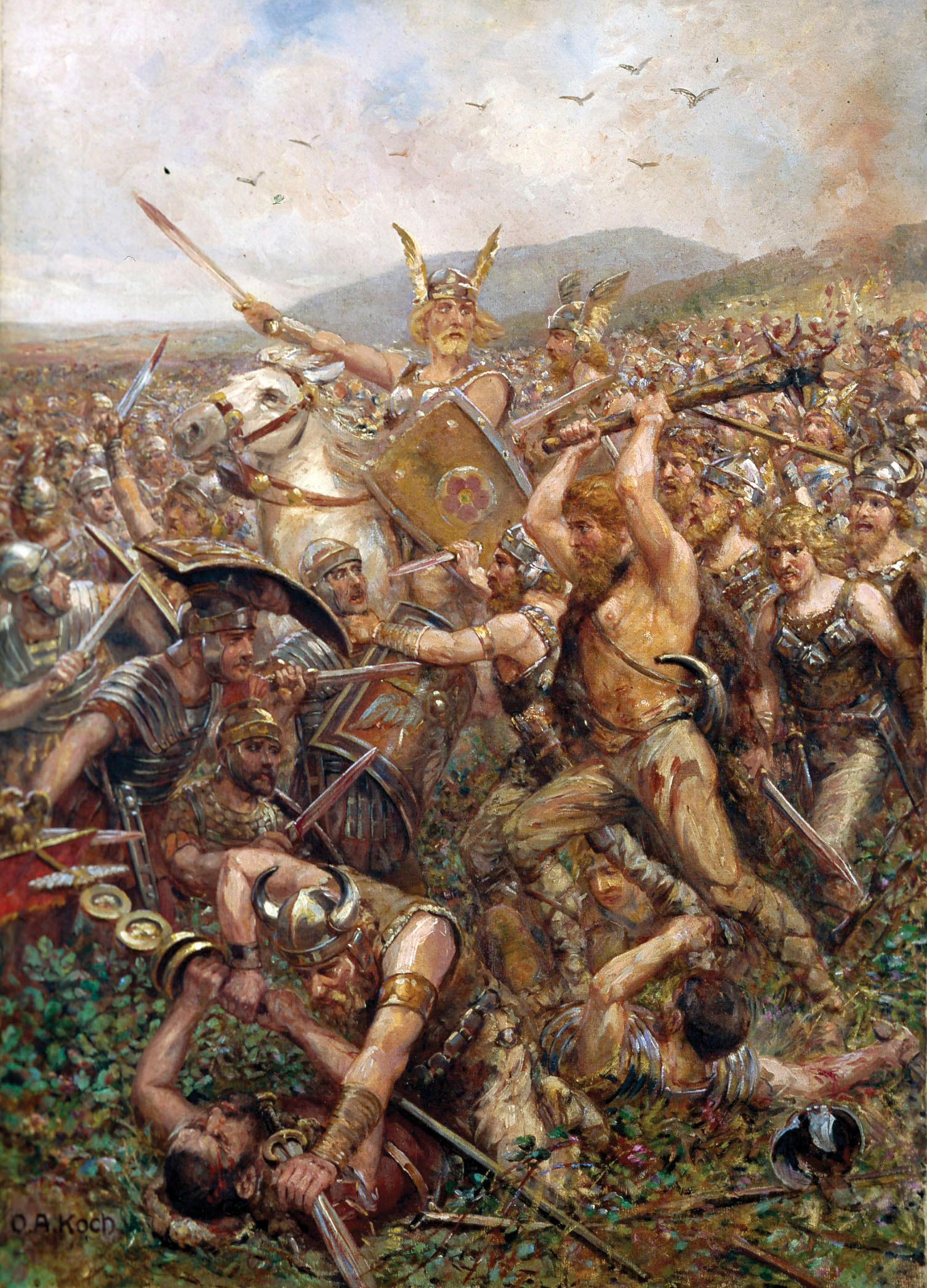 German tribesmen overrun a Roman unit. Unlike in Gaul, the lack of large urban centers and good roads in Germany made it difficult for the Romans to subjugate the scattered militaristic population.